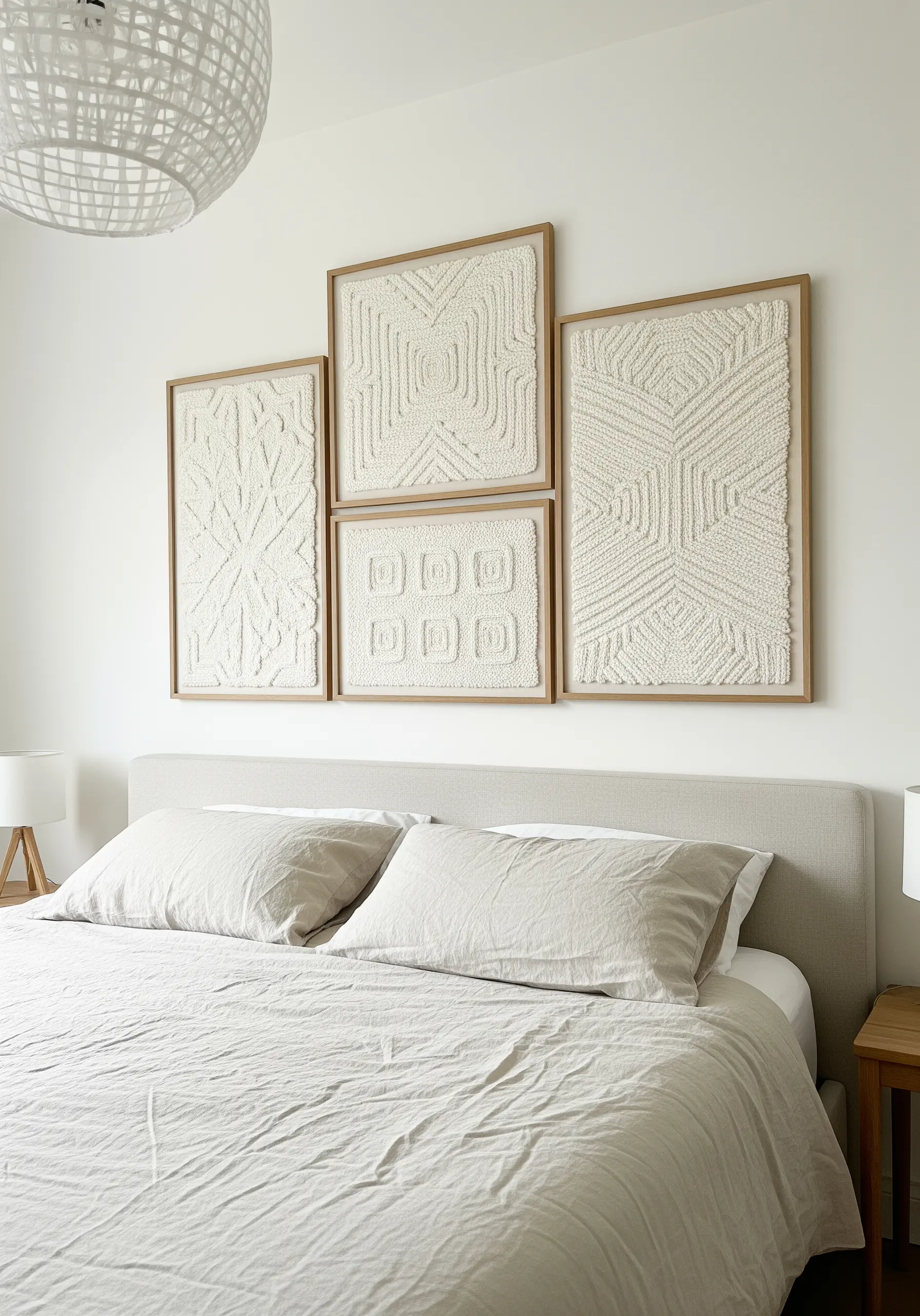 Three textured white embroidery panels with geometric patterns above bed