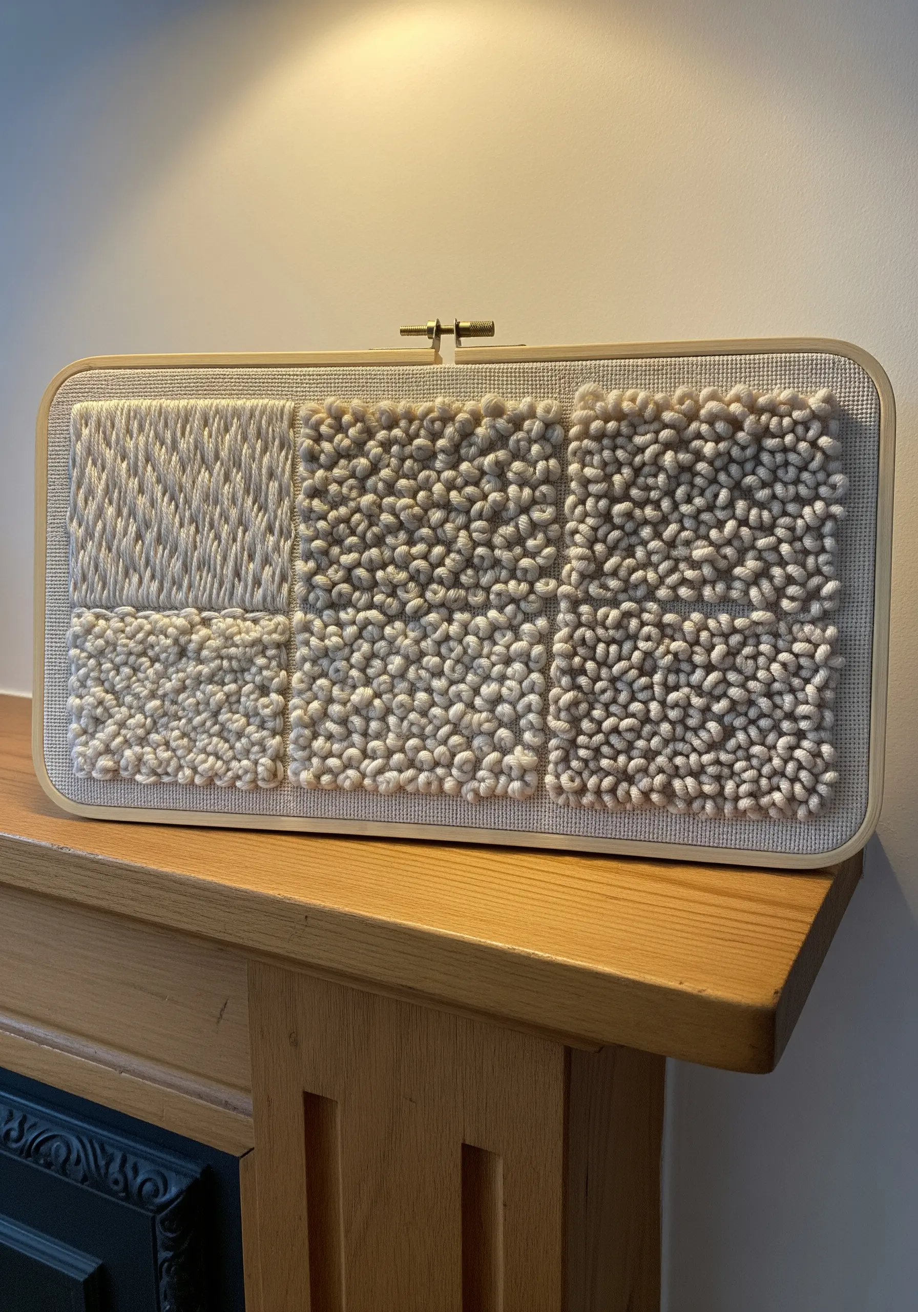 White on white embroidery sampler featuring varying knot textures