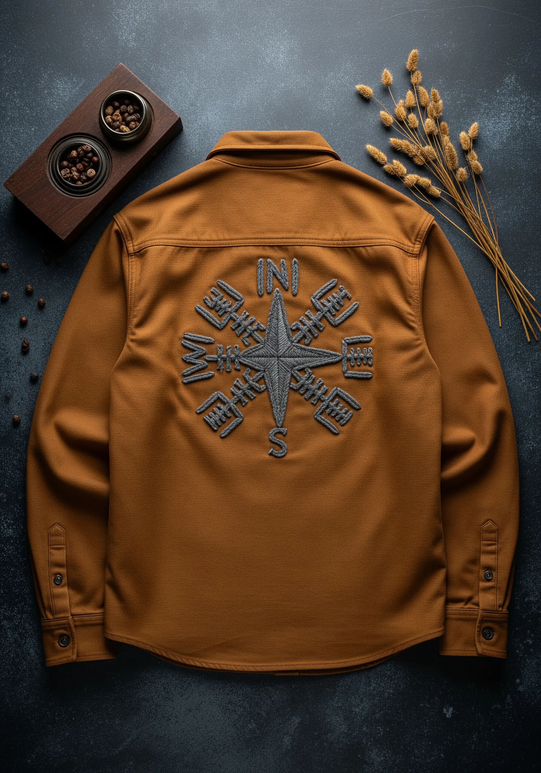 A grey, embroidered Viking compass (Vegvisir) on the back of a brown button-up shirt.