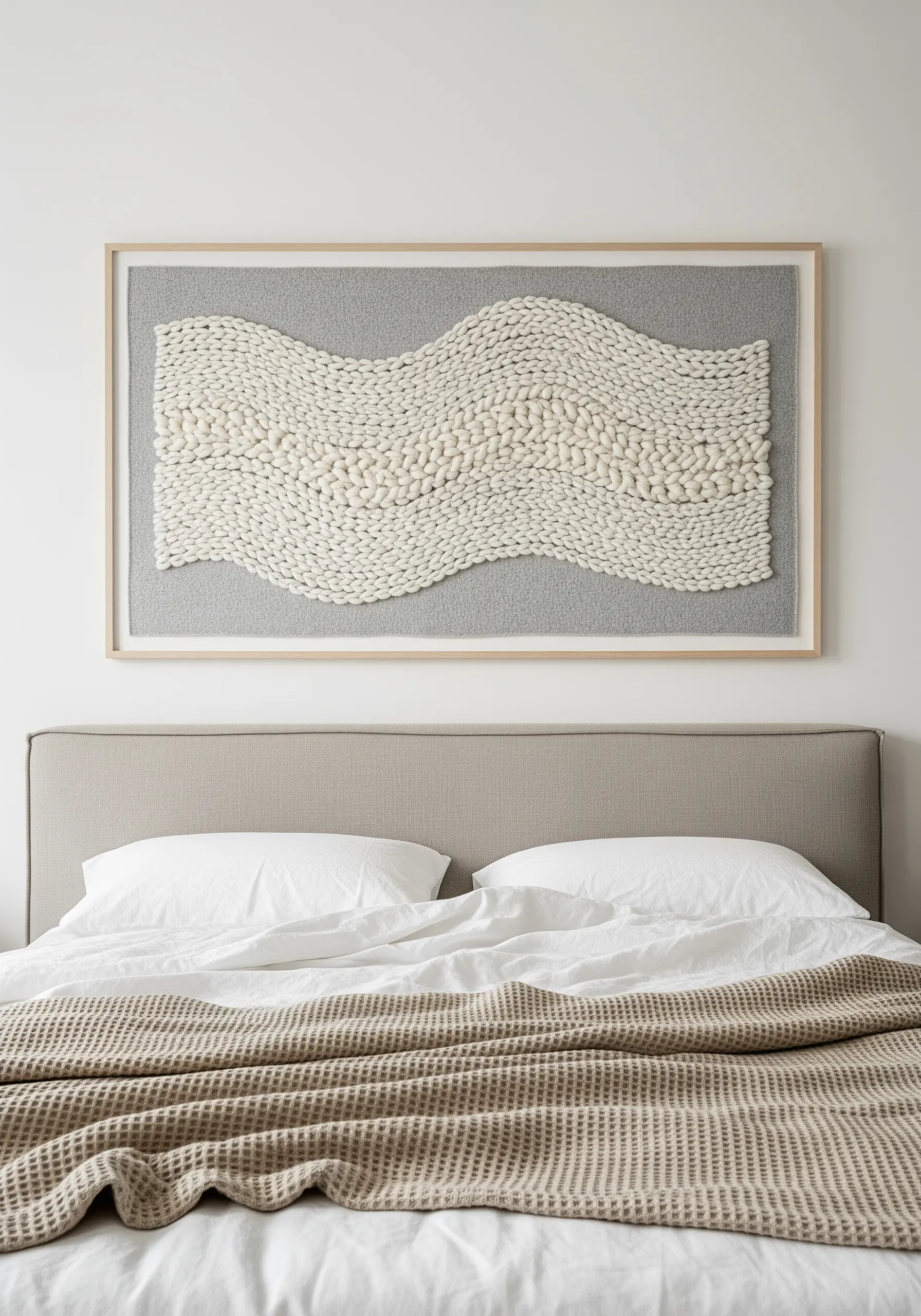 A large framed textile art piece with thick, wavy punch needle texture in off-white yarn.