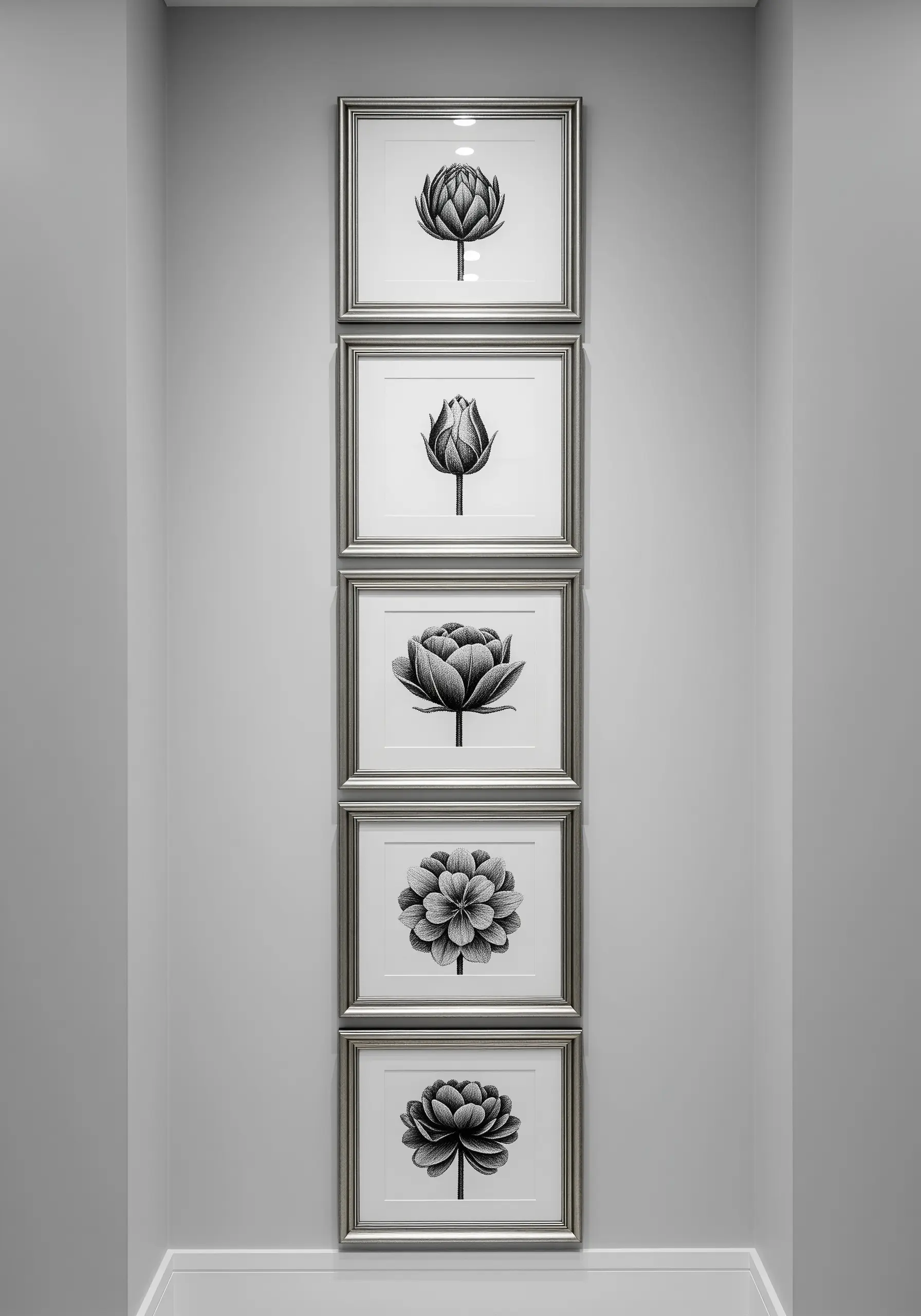 A vertical stack of five framed monochrome floral embroideries in a minimalist gray hallway.
