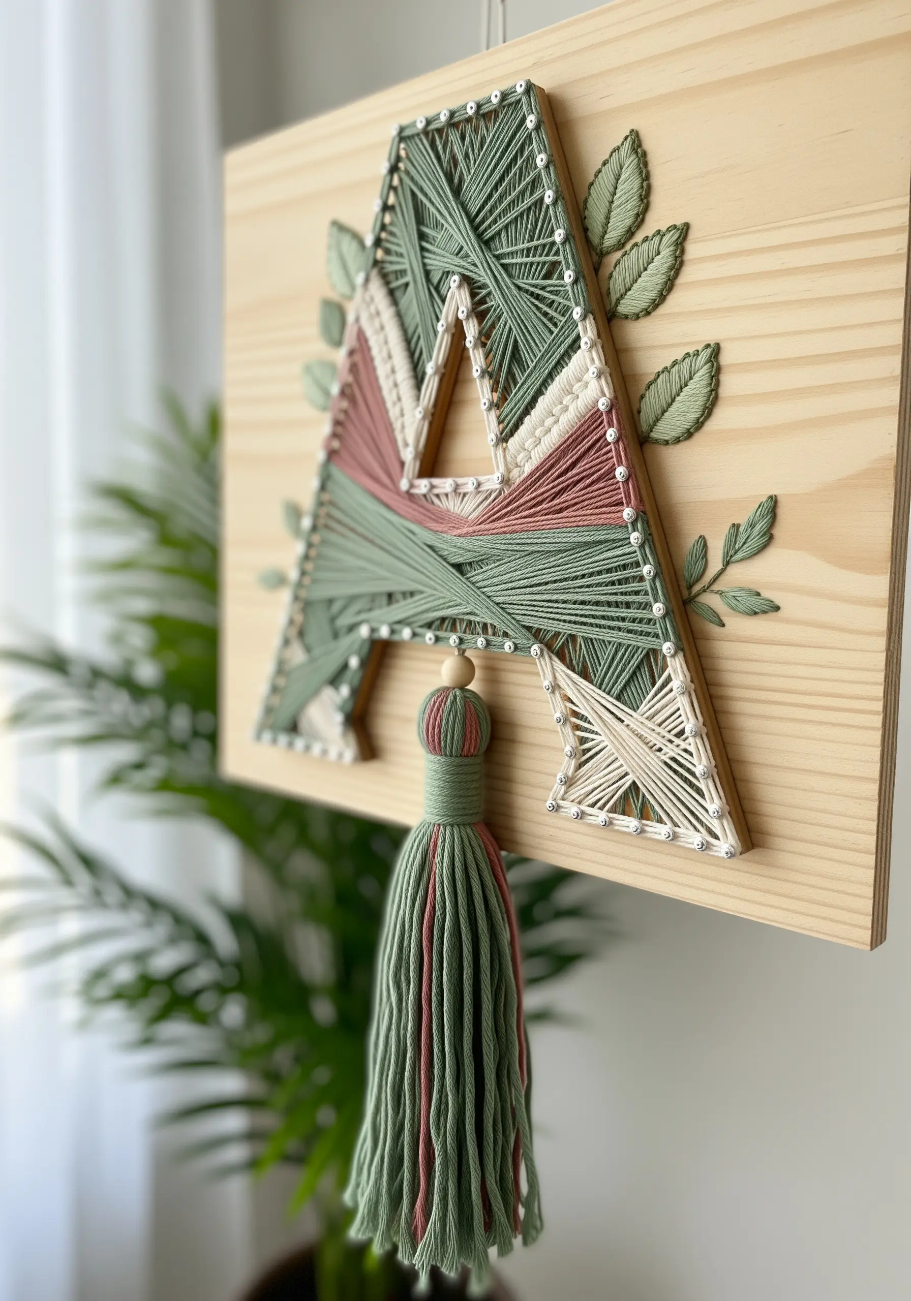 A color-blocked monogram surrounded by embroidered leaves and finished with a tassel.