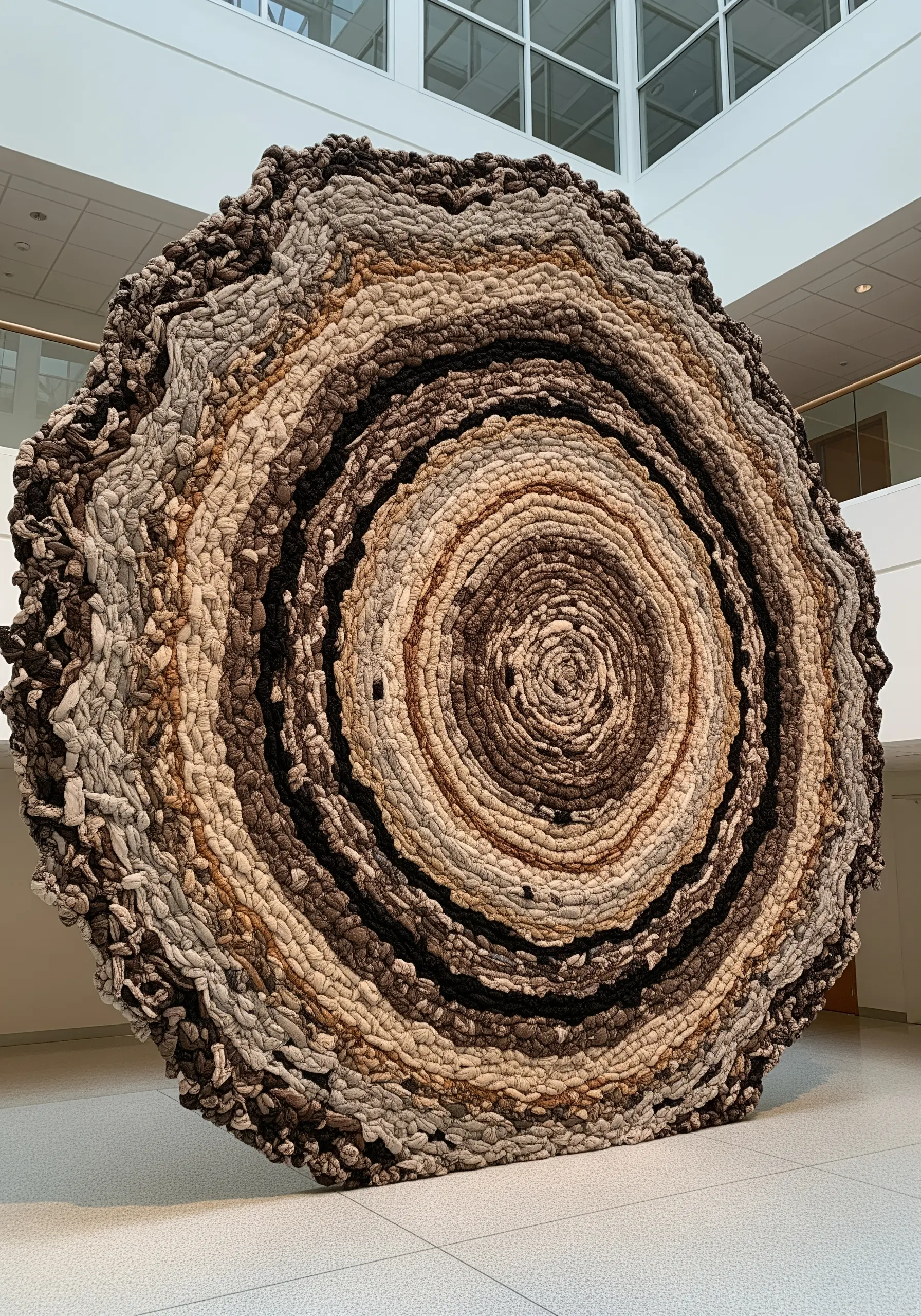 A massive, circular textile sculpture made of coiled and wrapped fabric in earthy tones.