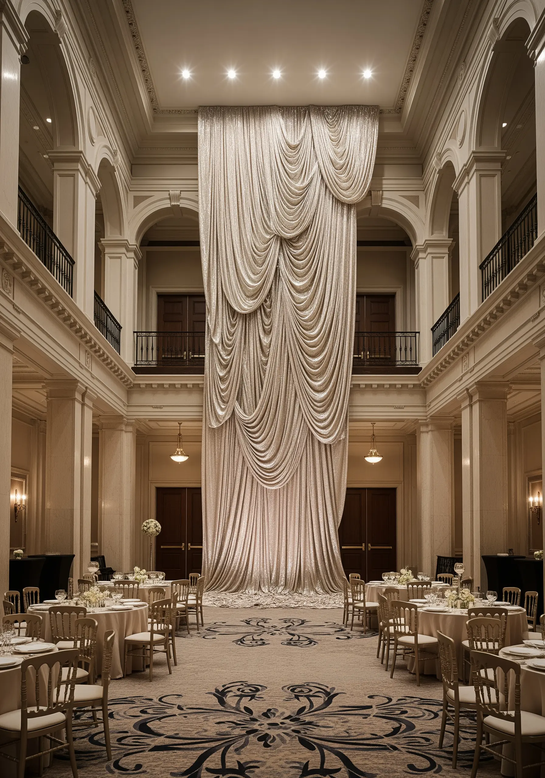 A massive, shimmering fabric curtain draped elegantly from the ceiling in a grand hall.