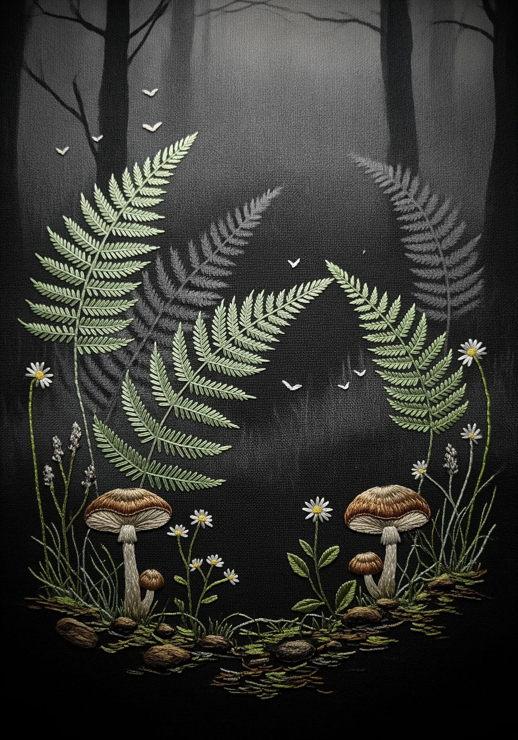Embroidery of ferns and mushrooms on dark fabric creating a moody forest scene.
