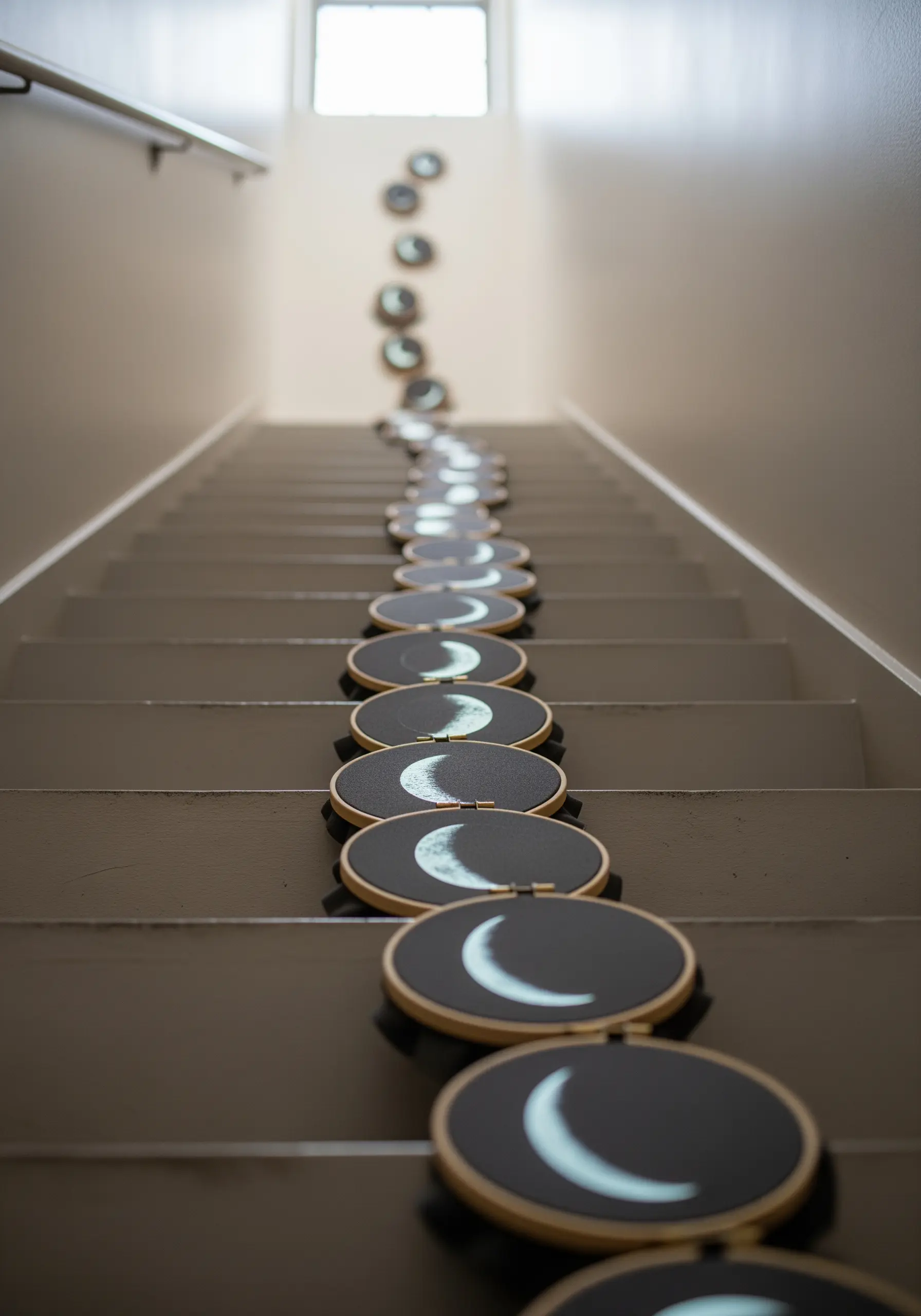 Moon phase embroidery hoops arranged up a staircase wall