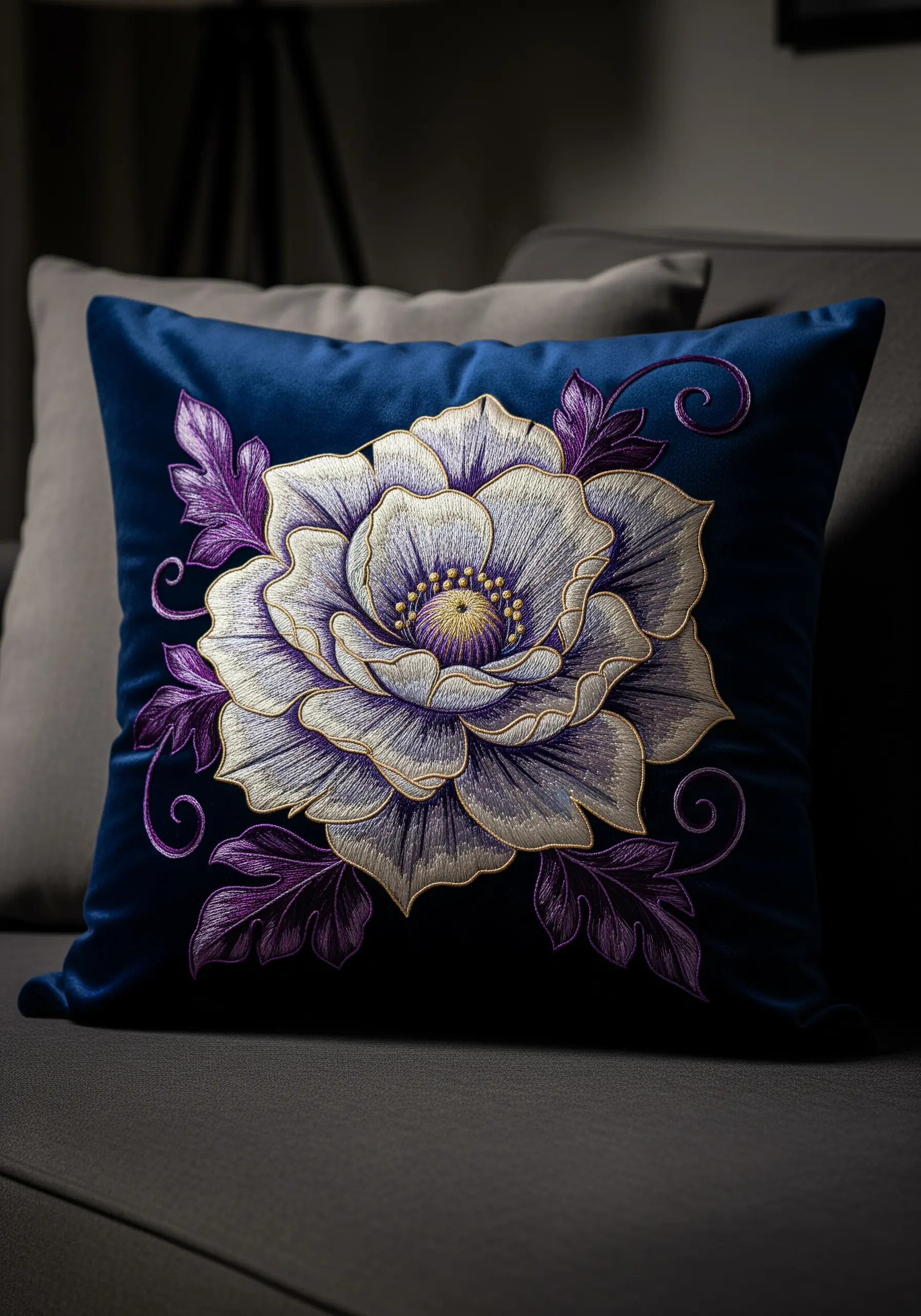 Embroidered white and purple peony with gold outlines on a blue velvet pillow.