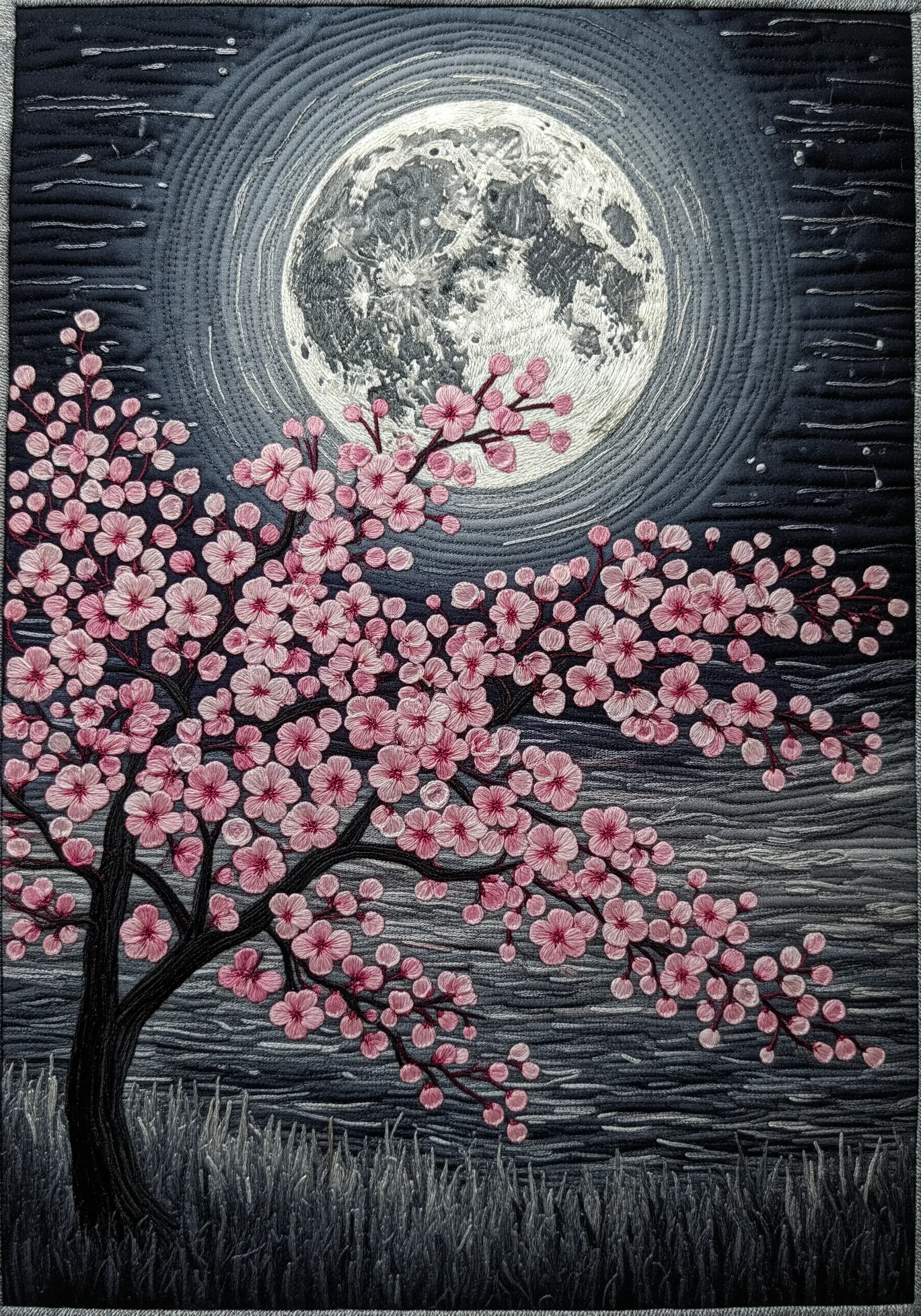 A quilted and embroidered art piece of a cherry blossom tree under a full moon.