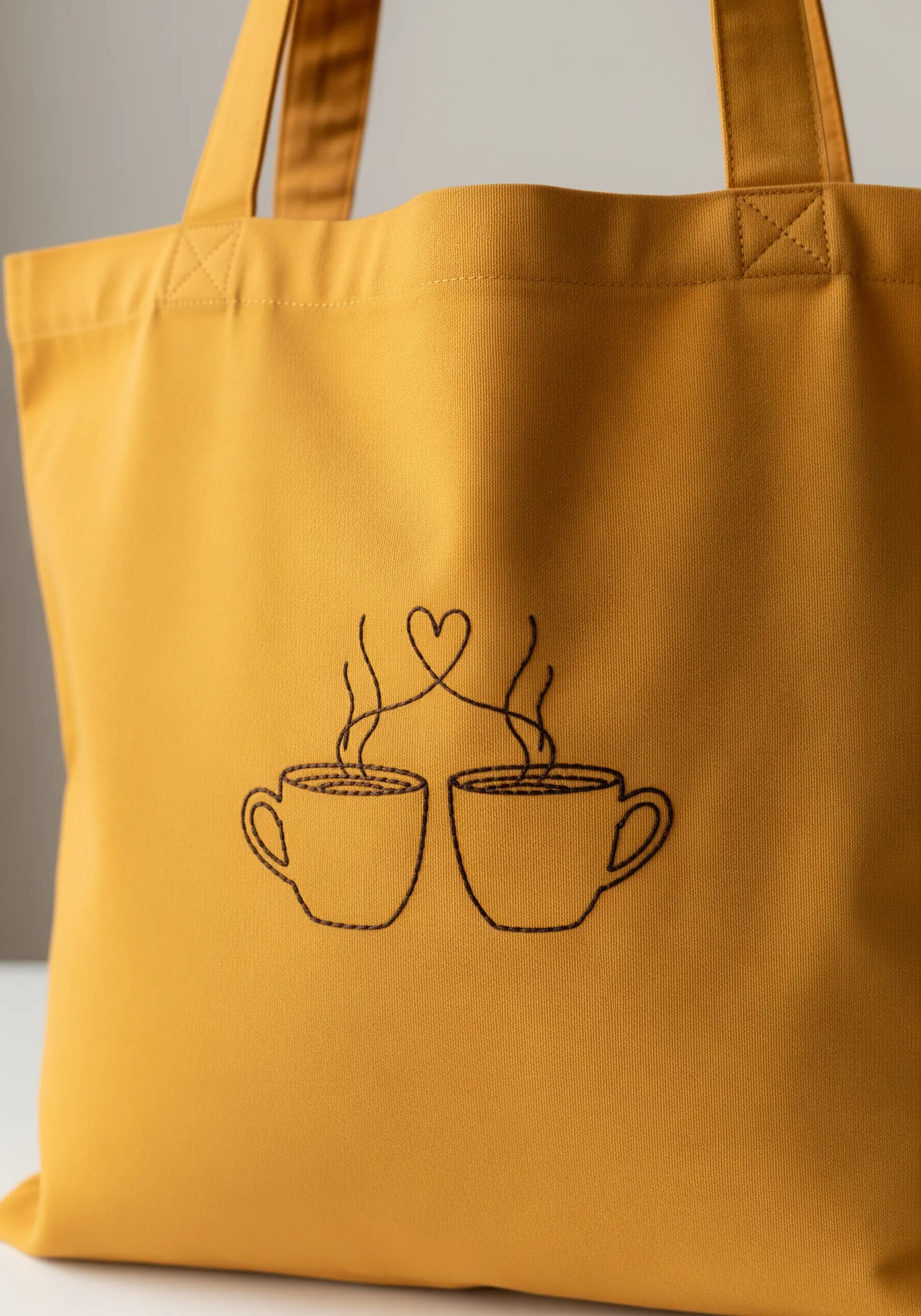 Minimalist outline embroidery of two coffee cups with steam forming a heart, on a mustard yellow tote.
