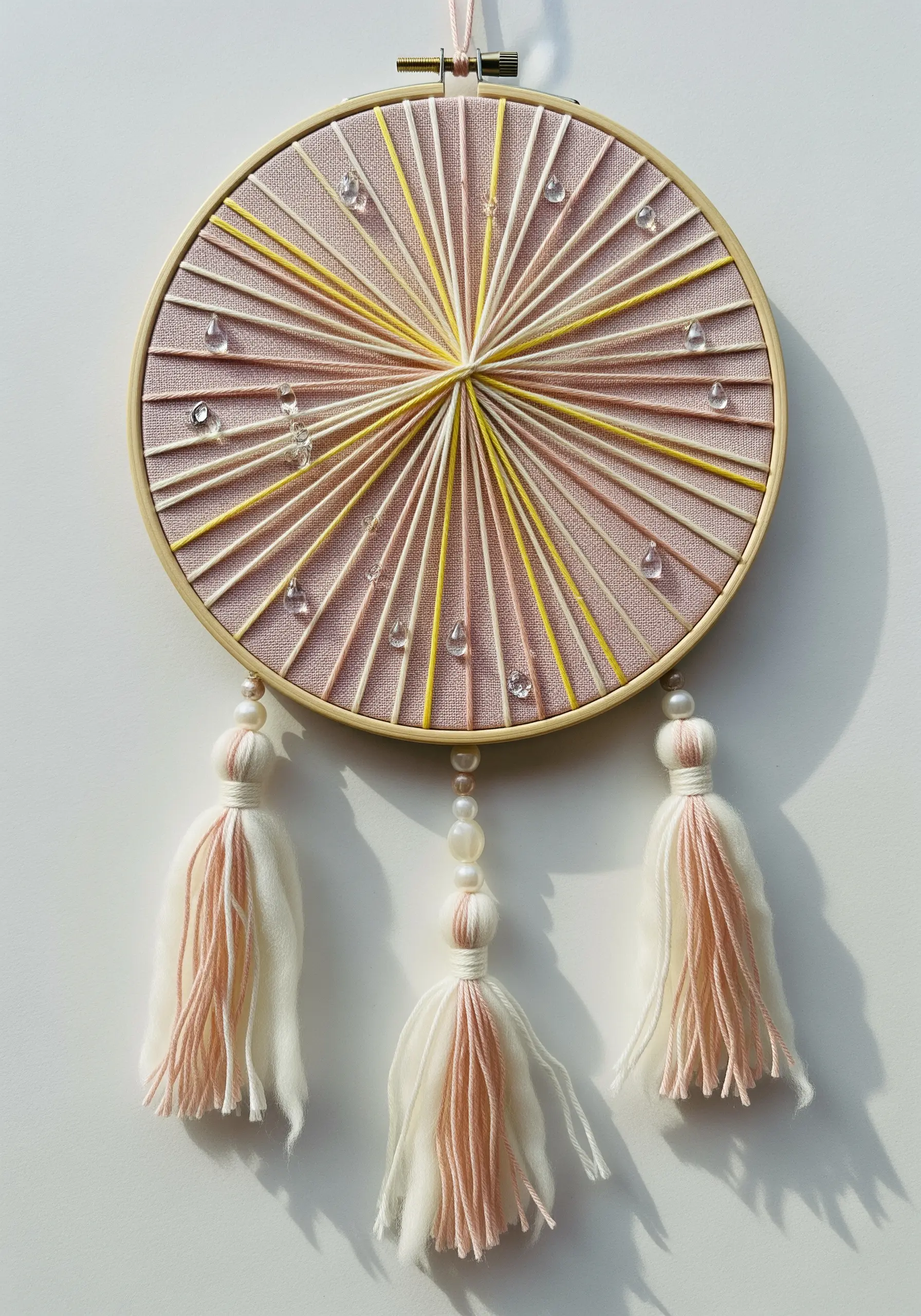 Soft pink and yellow string art with clear bead 'dew drops' and multi-toned tassels.