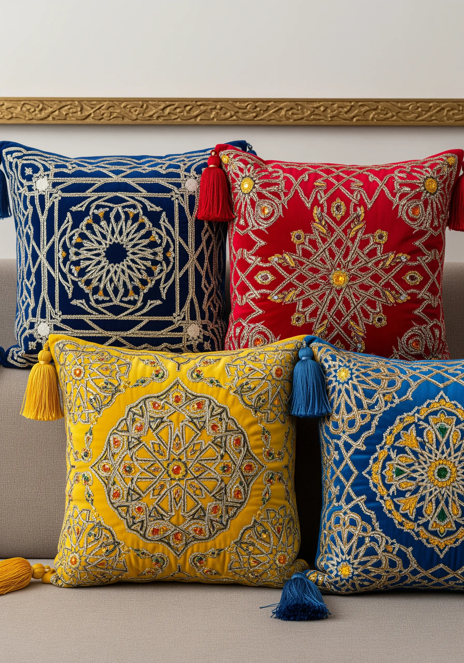 Intricate gold and silver geometric embroidery on brightly colored velvet pillows with tassels.