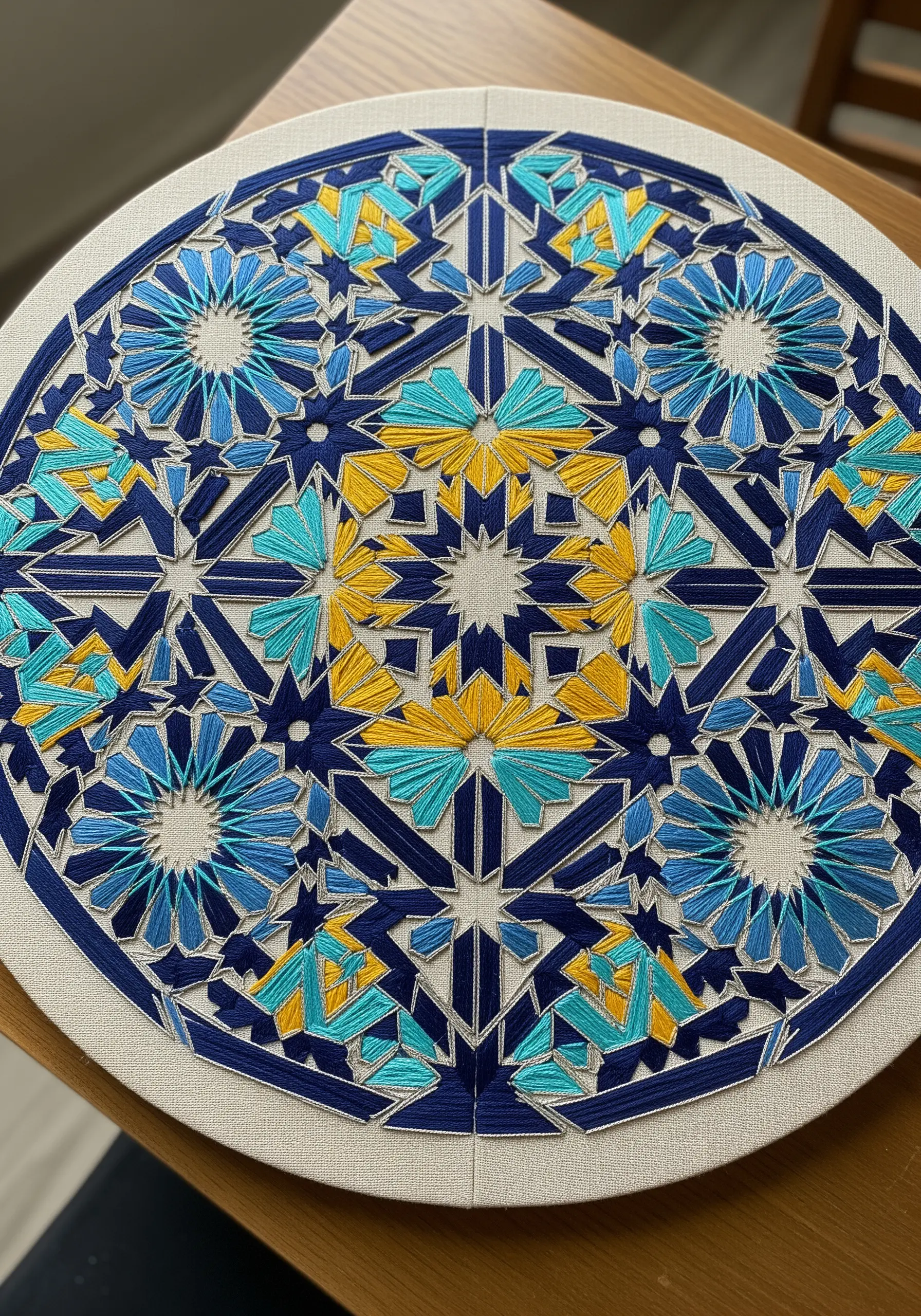 Embroidery detail of a geometric Moroccan tile pattern in blue, yellow, and turquoise.