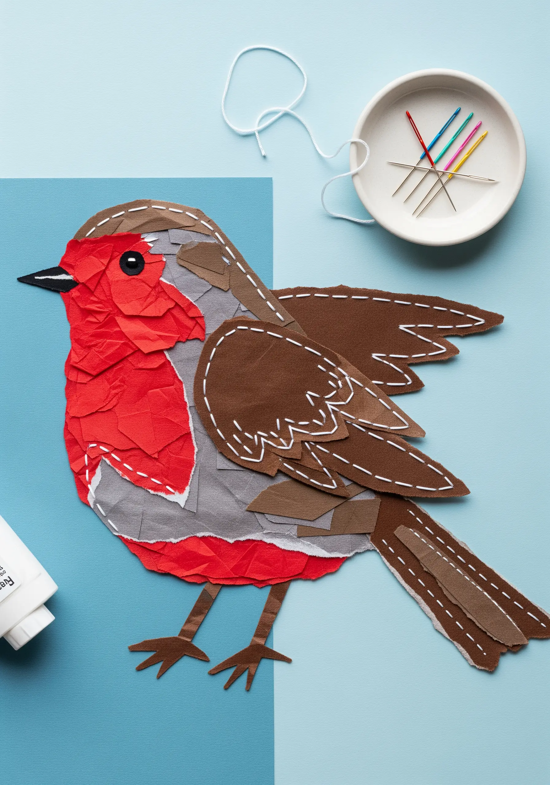 Robin bird collage made of torn red and brown paper with white stitching