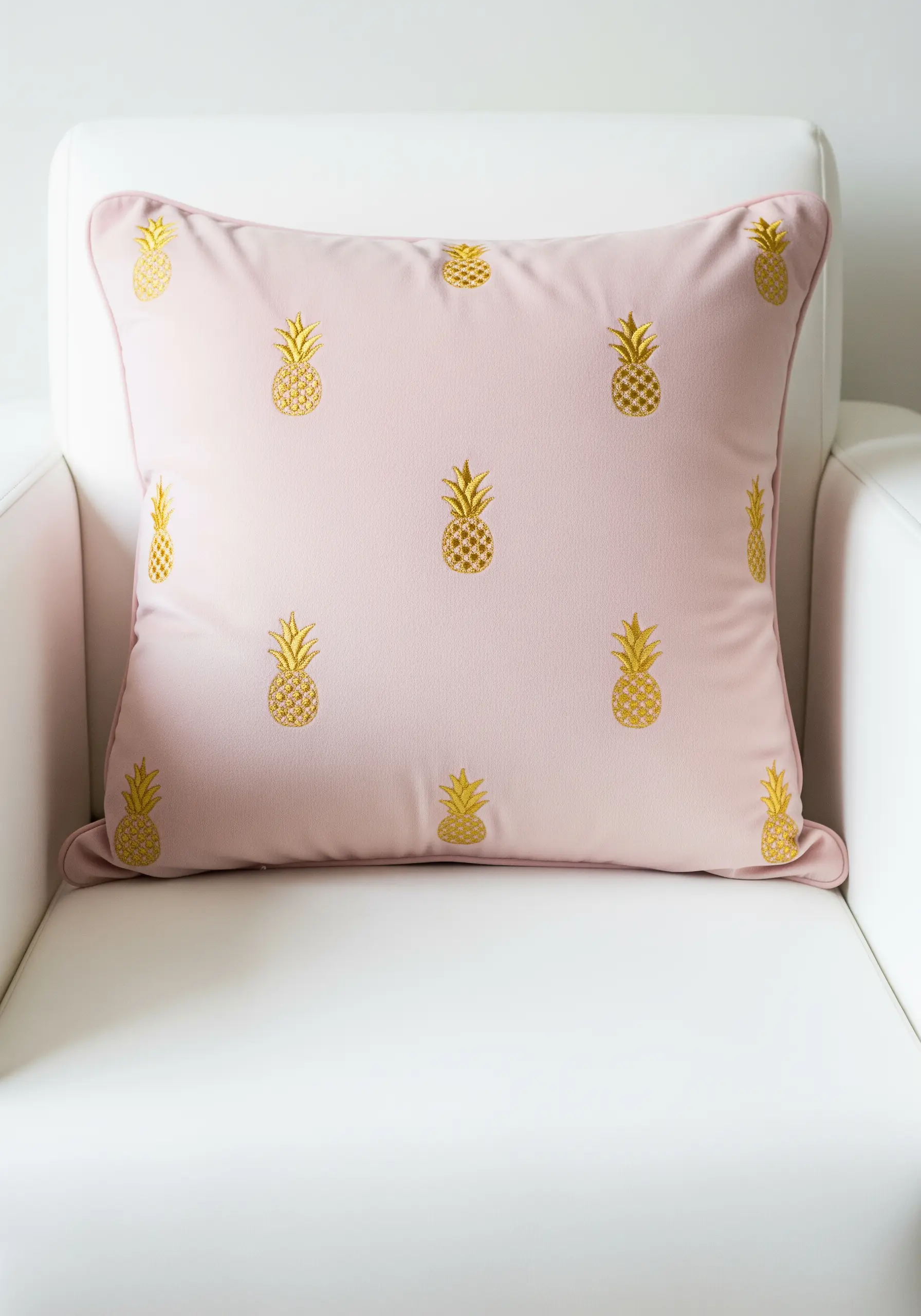 Small repeating pineapple motifs filled with gold French knots on a pink cushion.