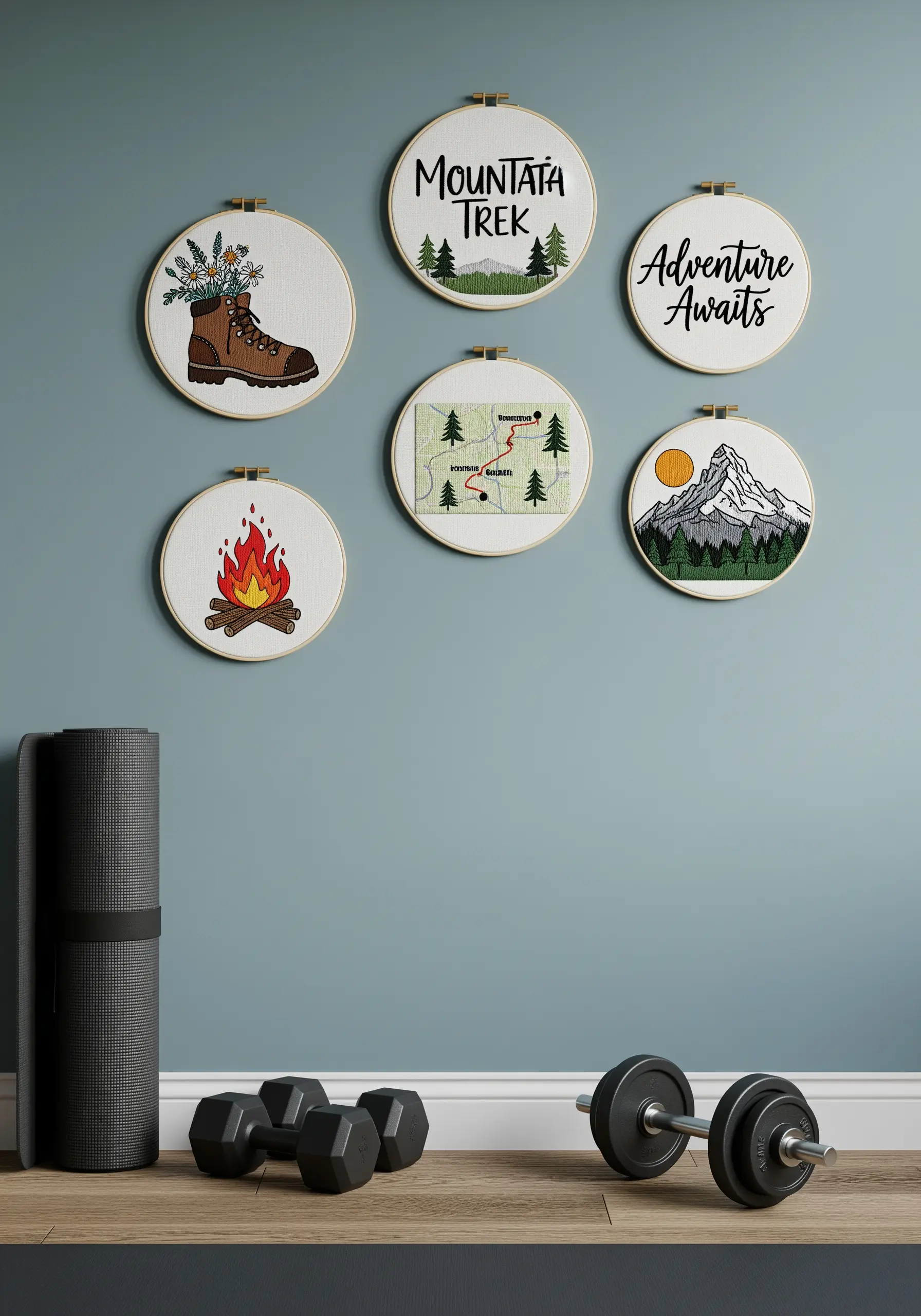 Six adventure and mountain-trek-themed embroidery hoops on a wall in a home gym.