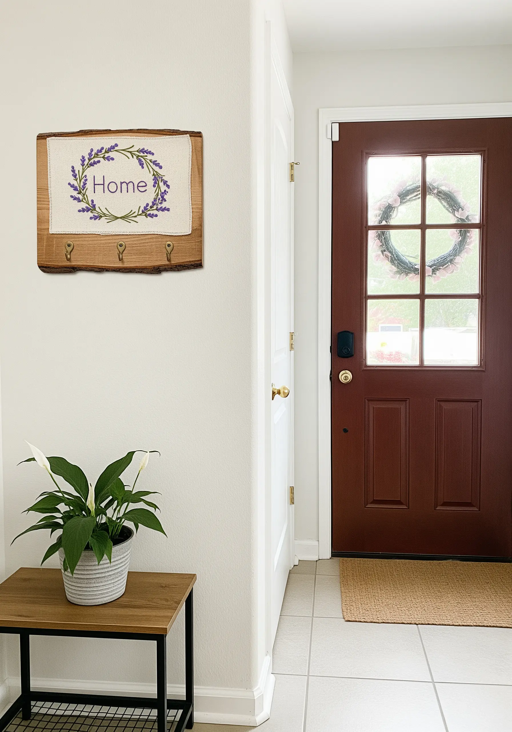 An embroidered lavender wreath mounted on a rustic wood slice to create a key holder.