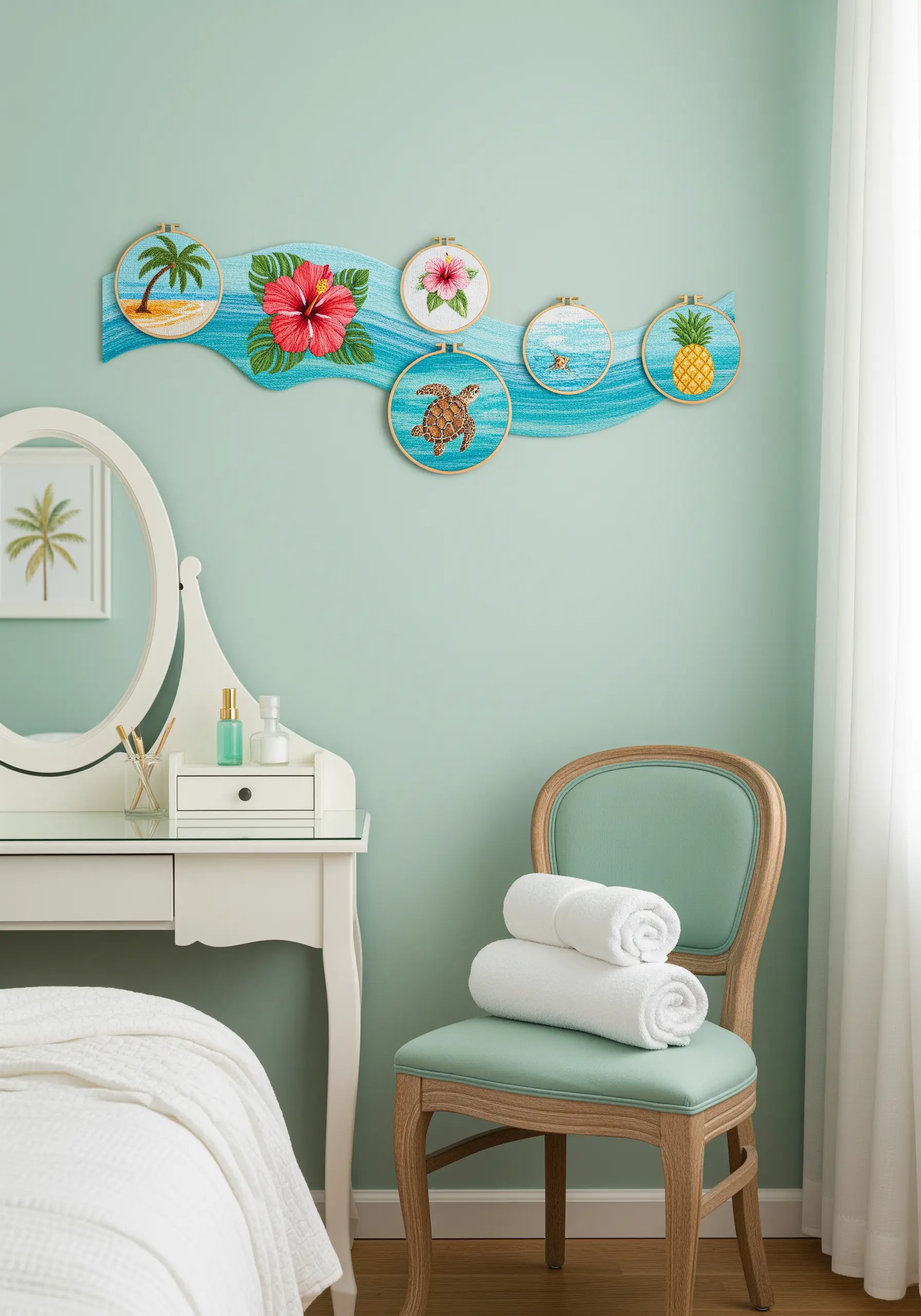 Five tropical-themed embroidery hoops mounted on a blue, wave-shaped wooden panel.