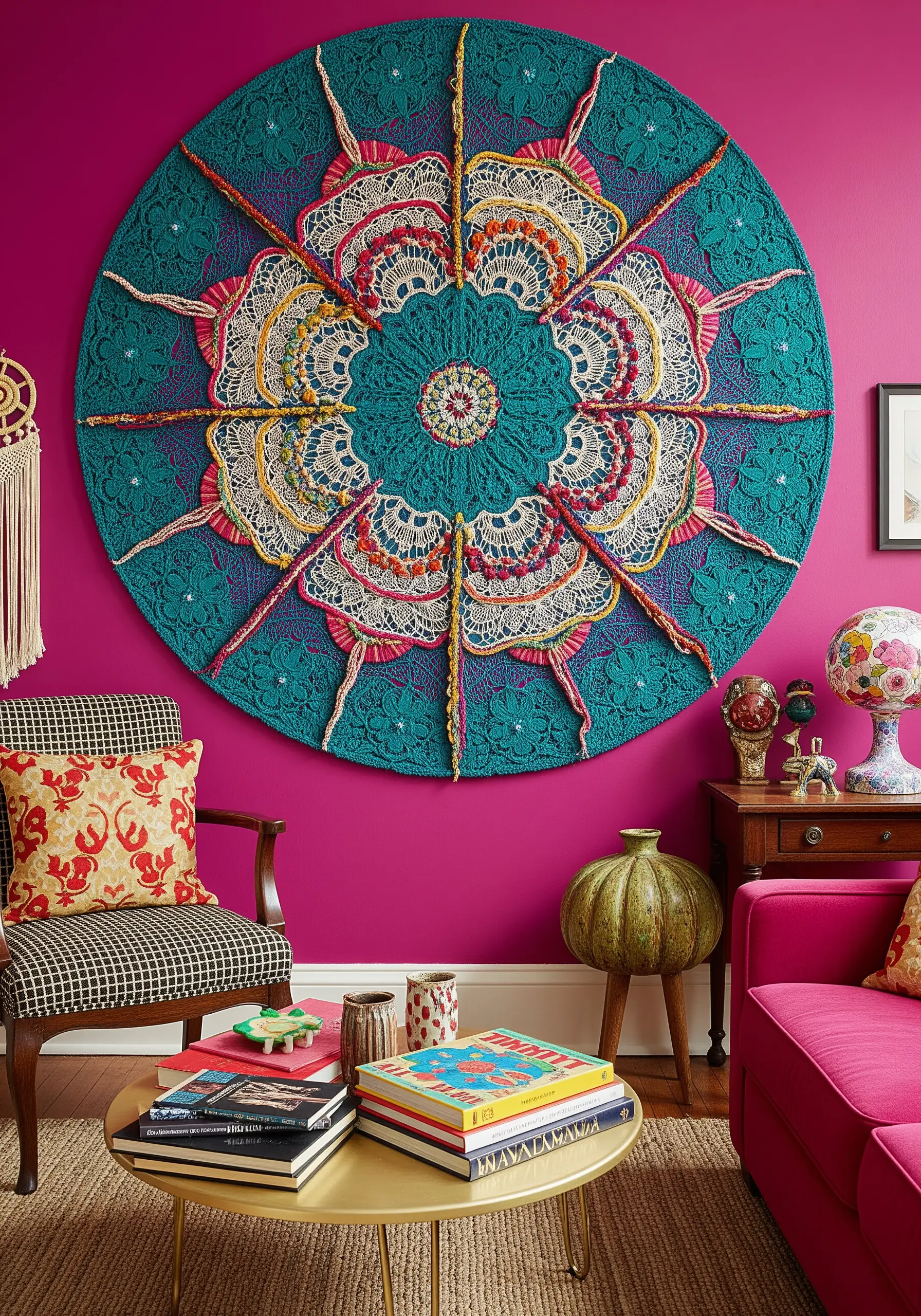Large colorful crocheted and embroidered mandala mounted on a teal fabric backdrop.