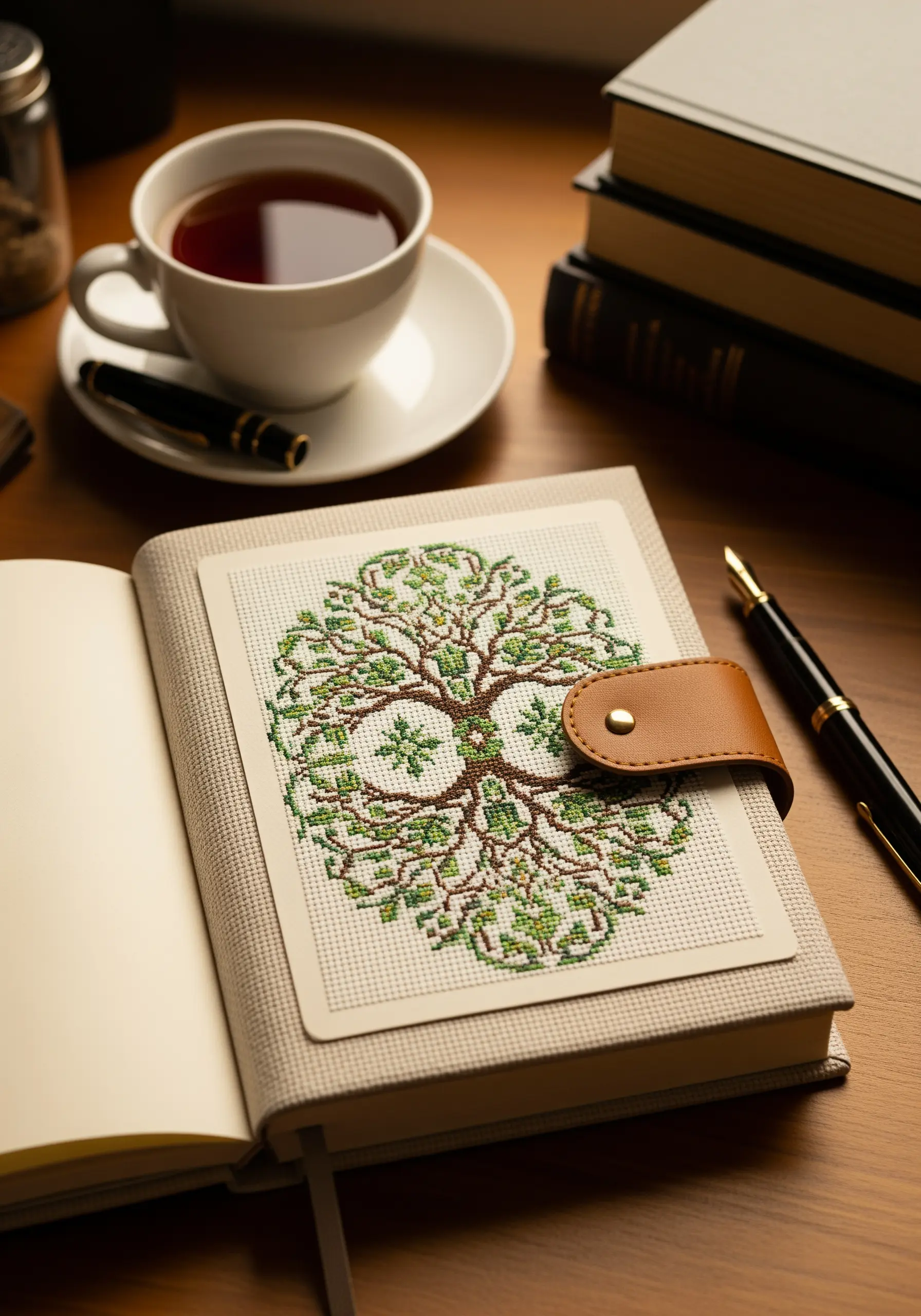 A cross-stitch of the Tree of Life mounted on the cover of a cloth-bound journal.