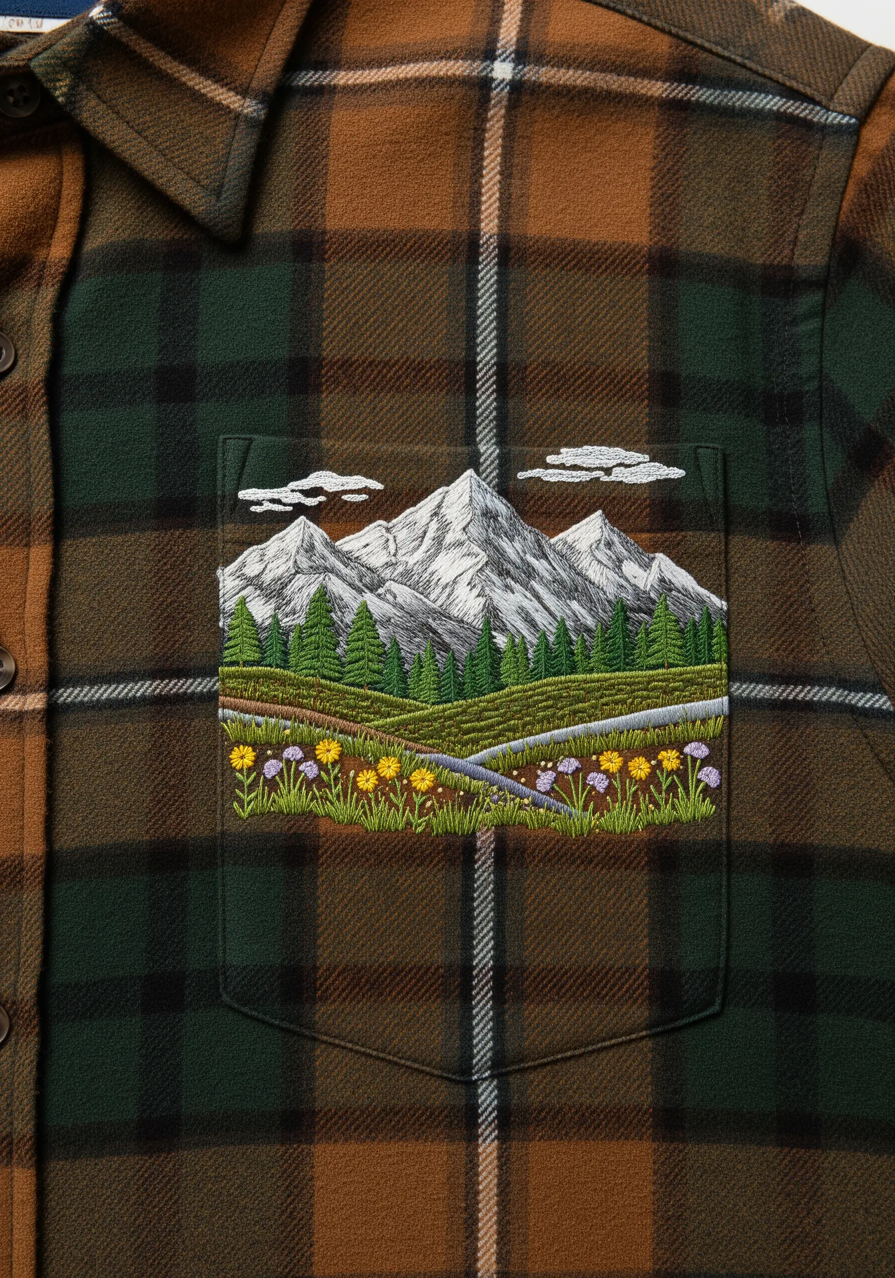 A detailed landscape with mountains and a meadow embroidered directly onto a plaid pocket.