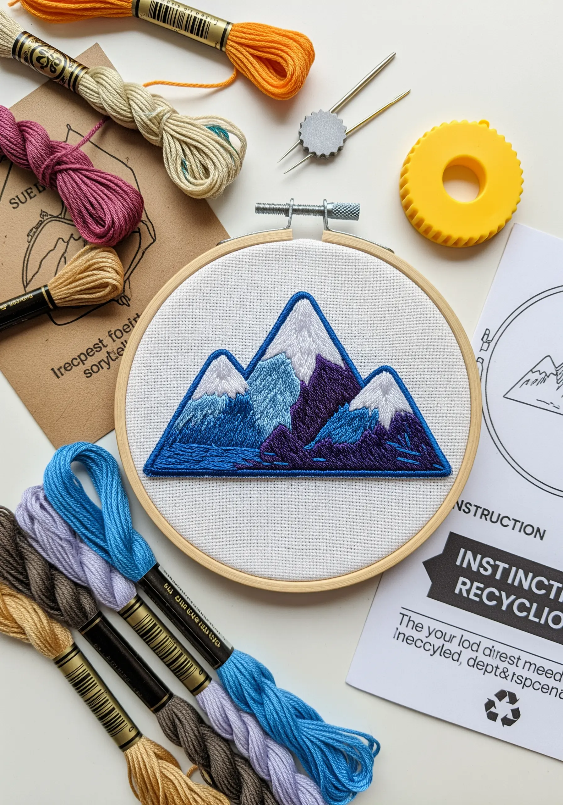 An embroidered patch of blue and purple mountain peaks with snow-caps, shown with embroidery supplies.