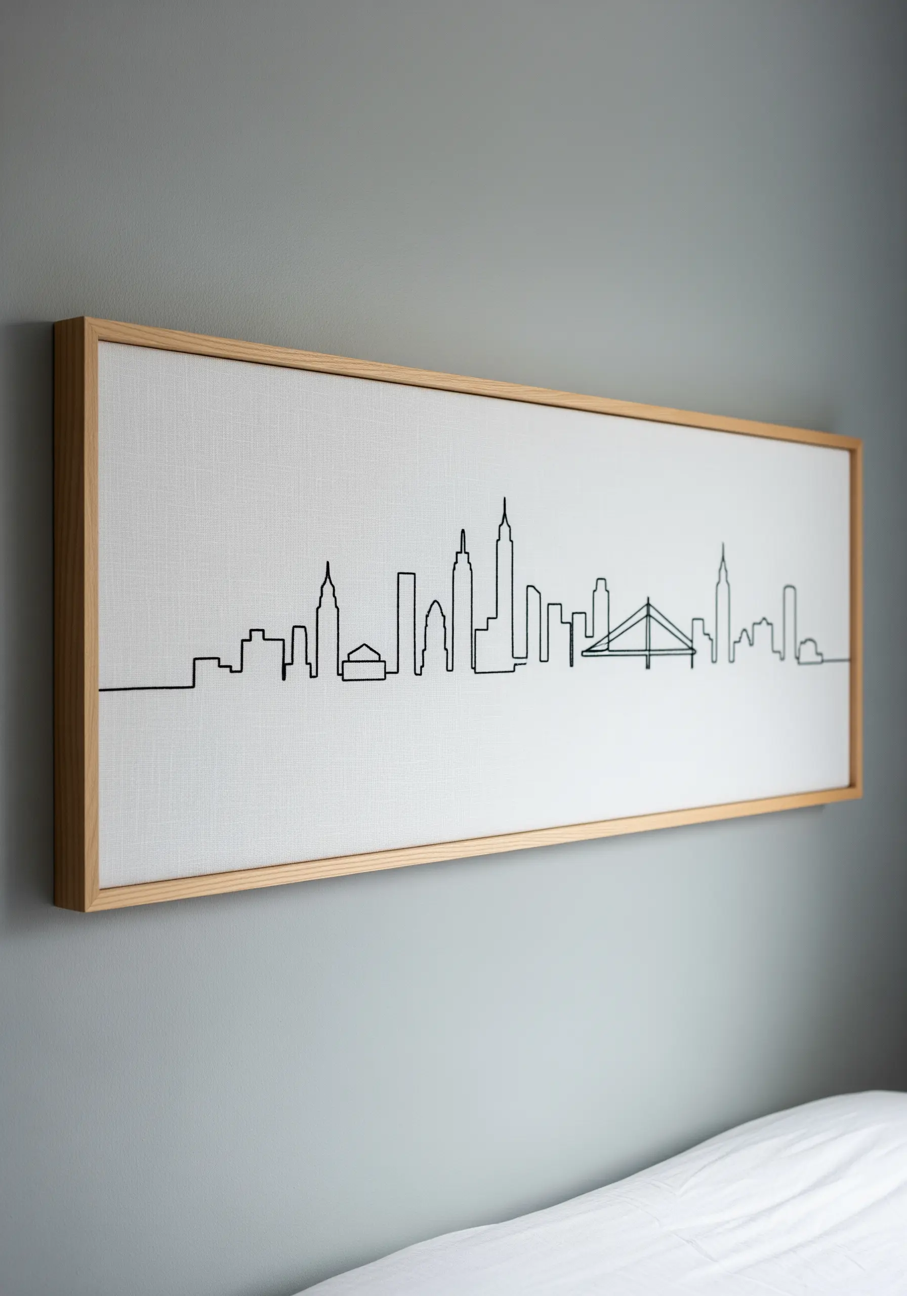 A continuous line art embroidery of a city skyline stretched in a rectangular wooden frame.