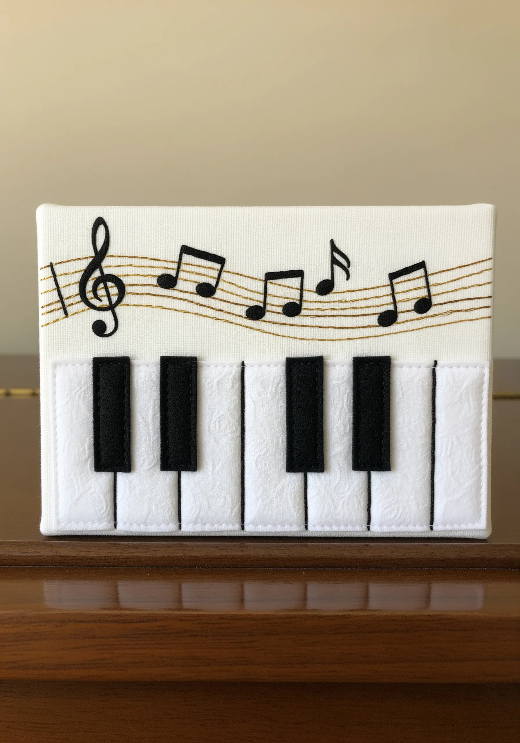 A musical scene with felt appliqué notes on a staff made from couched gold thread.