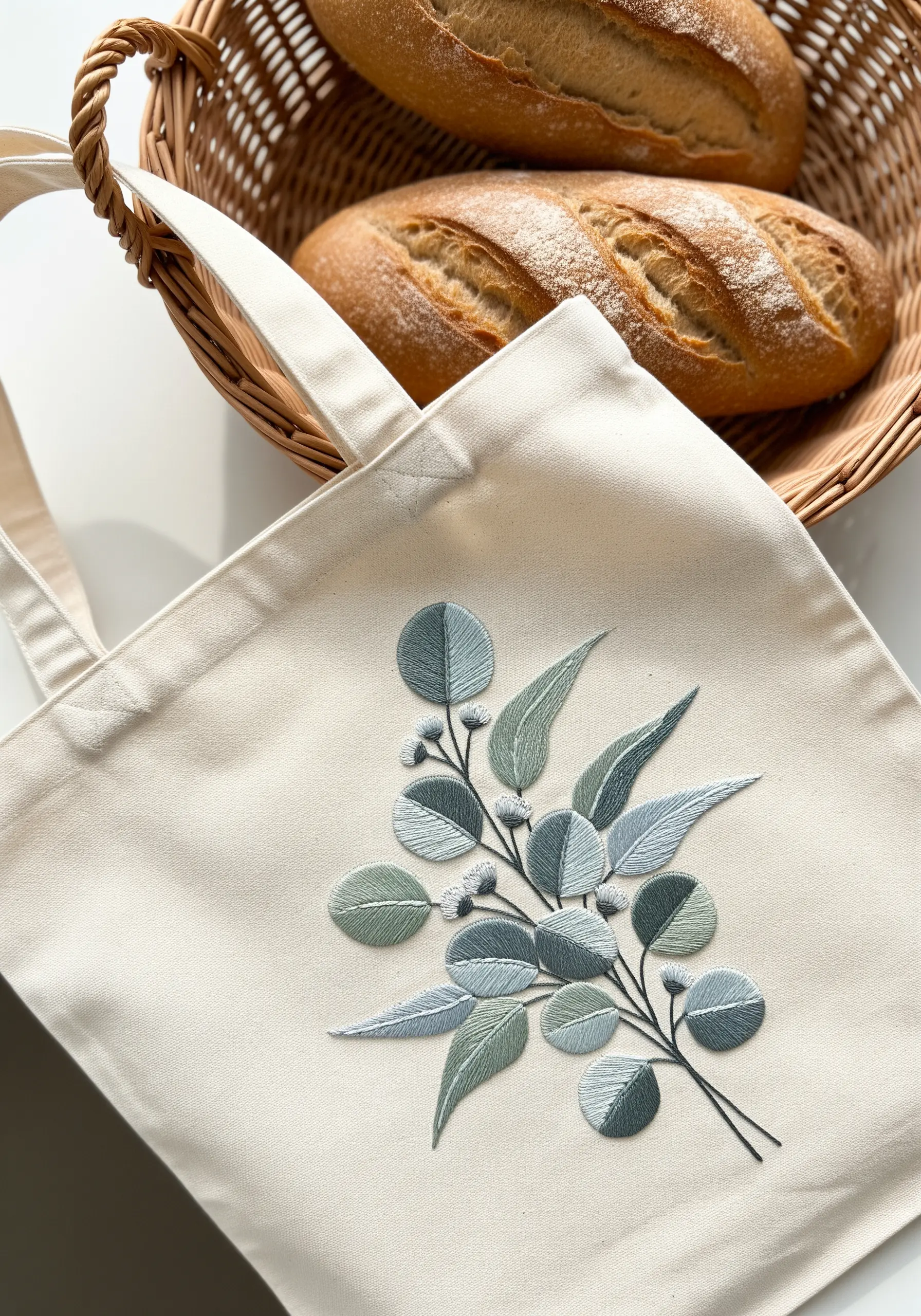 Embroidered eucalyptus branch with satin stitch and French knots on a cream tote bag.