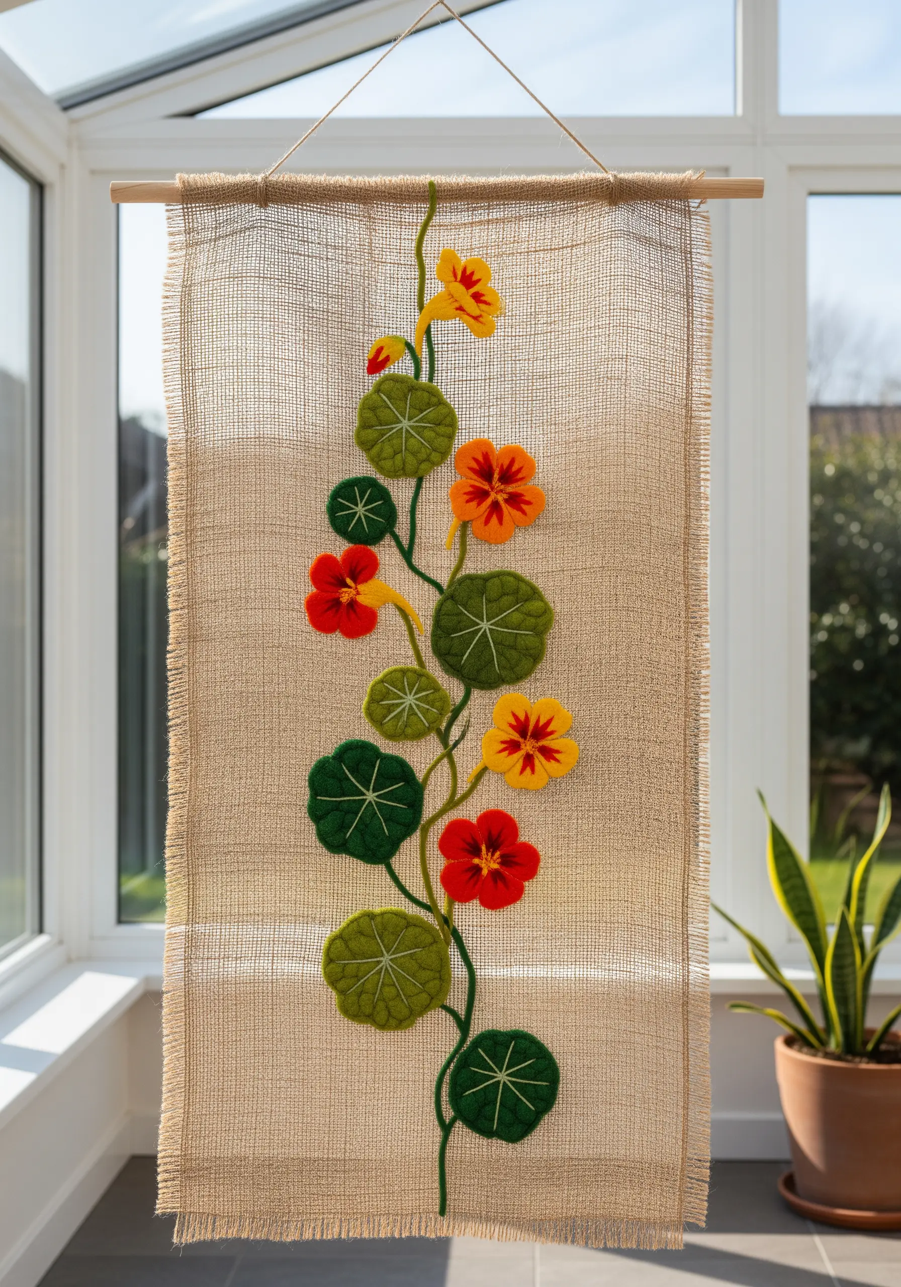 A burlap wall hanging featuring colorful felt appliqué nasturtium flowers and leaves.