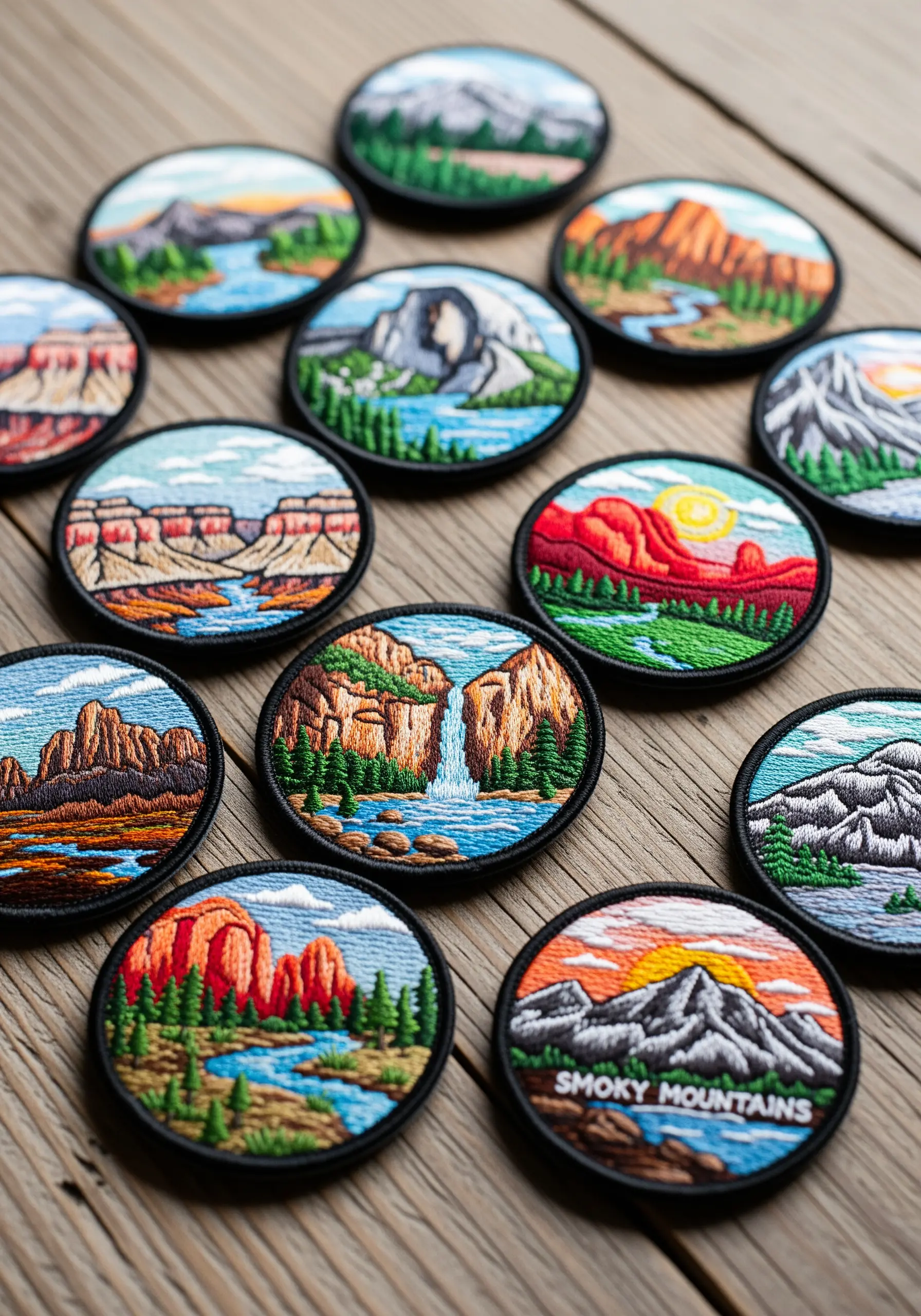 Collection of circular landscape embroidery patches