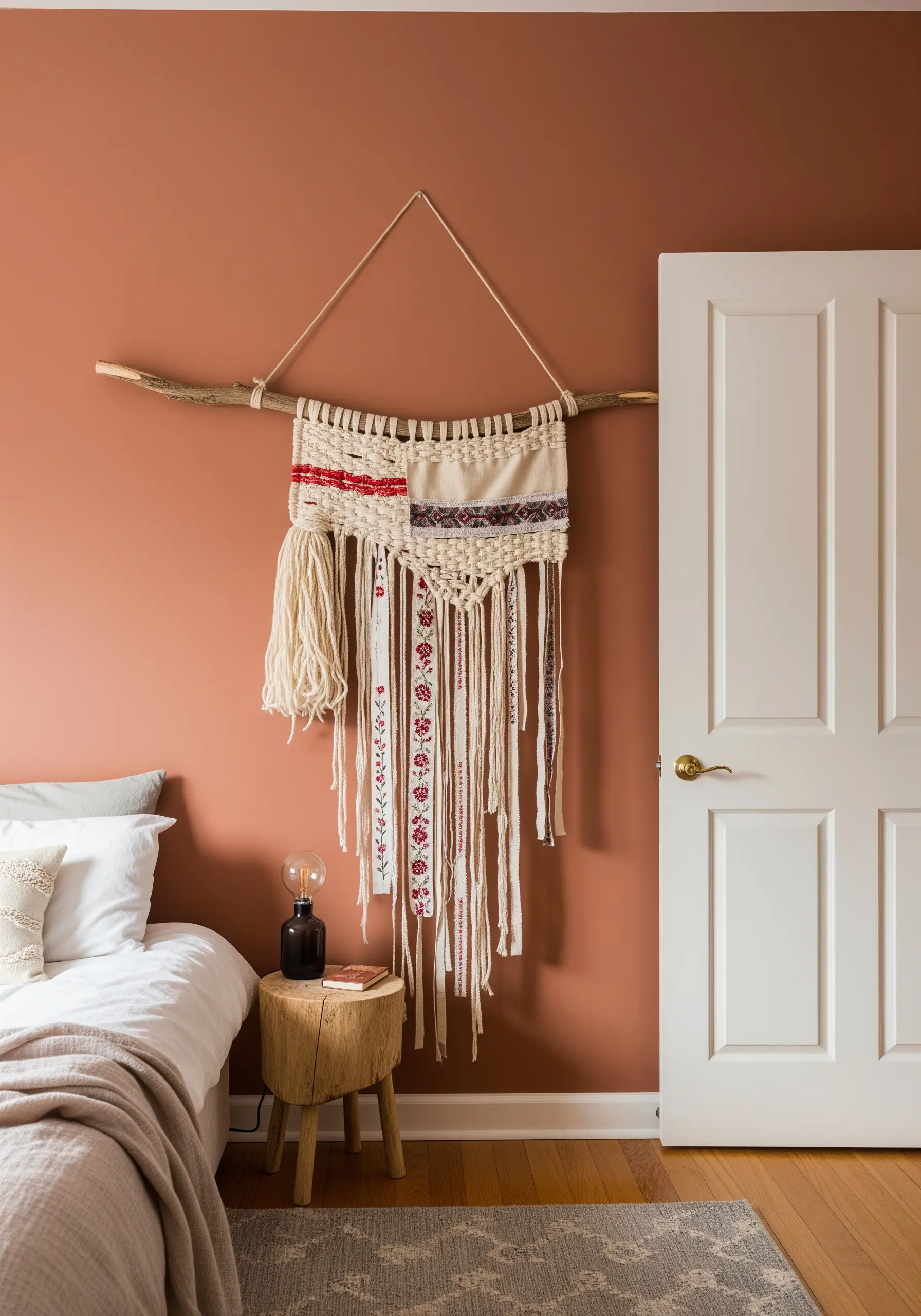 Macrame and embroidery wall hanging suspended from a natural branch