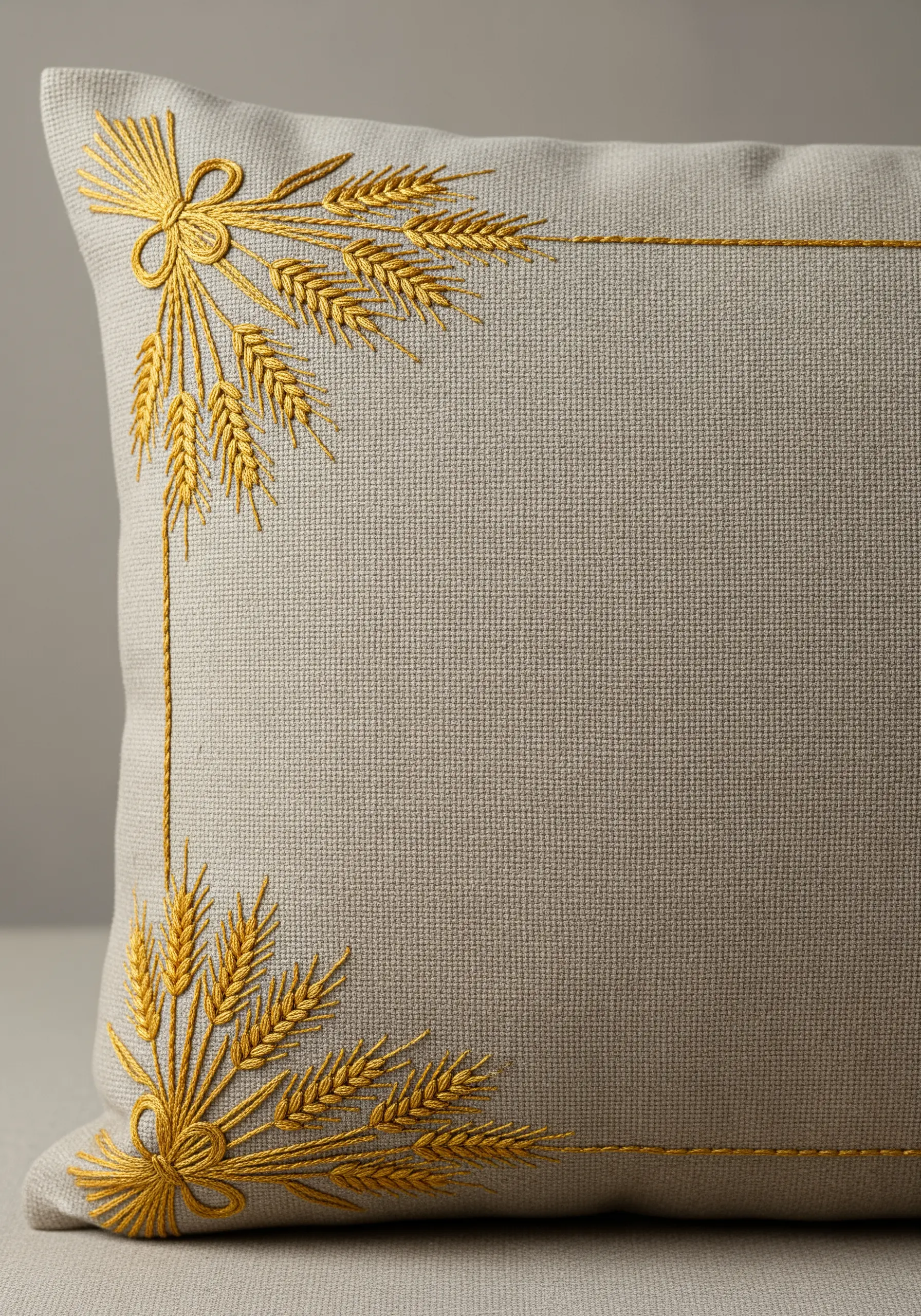 Gold thread wheat sheaf design embroidered in the corner of a linen cushion.