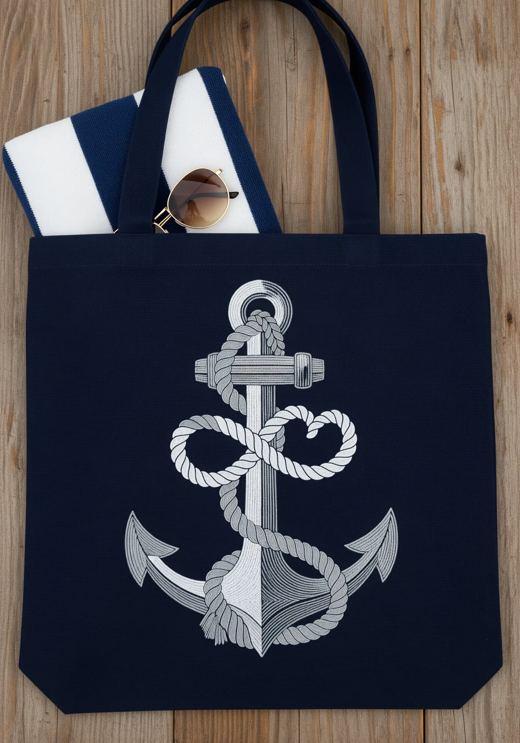 A stylized anchor with a rope forming a heart, embroidered in shades of grey on a navy blue tote.