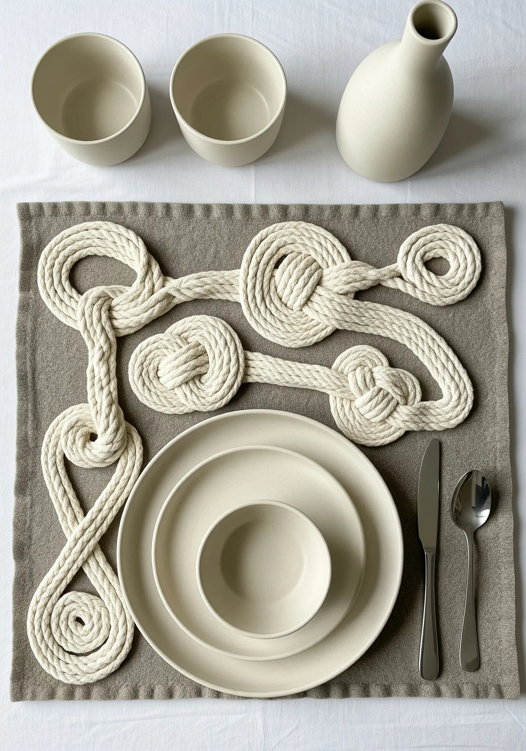 Thick, off-white rope tied in nautical knots and attached to a grey placemat