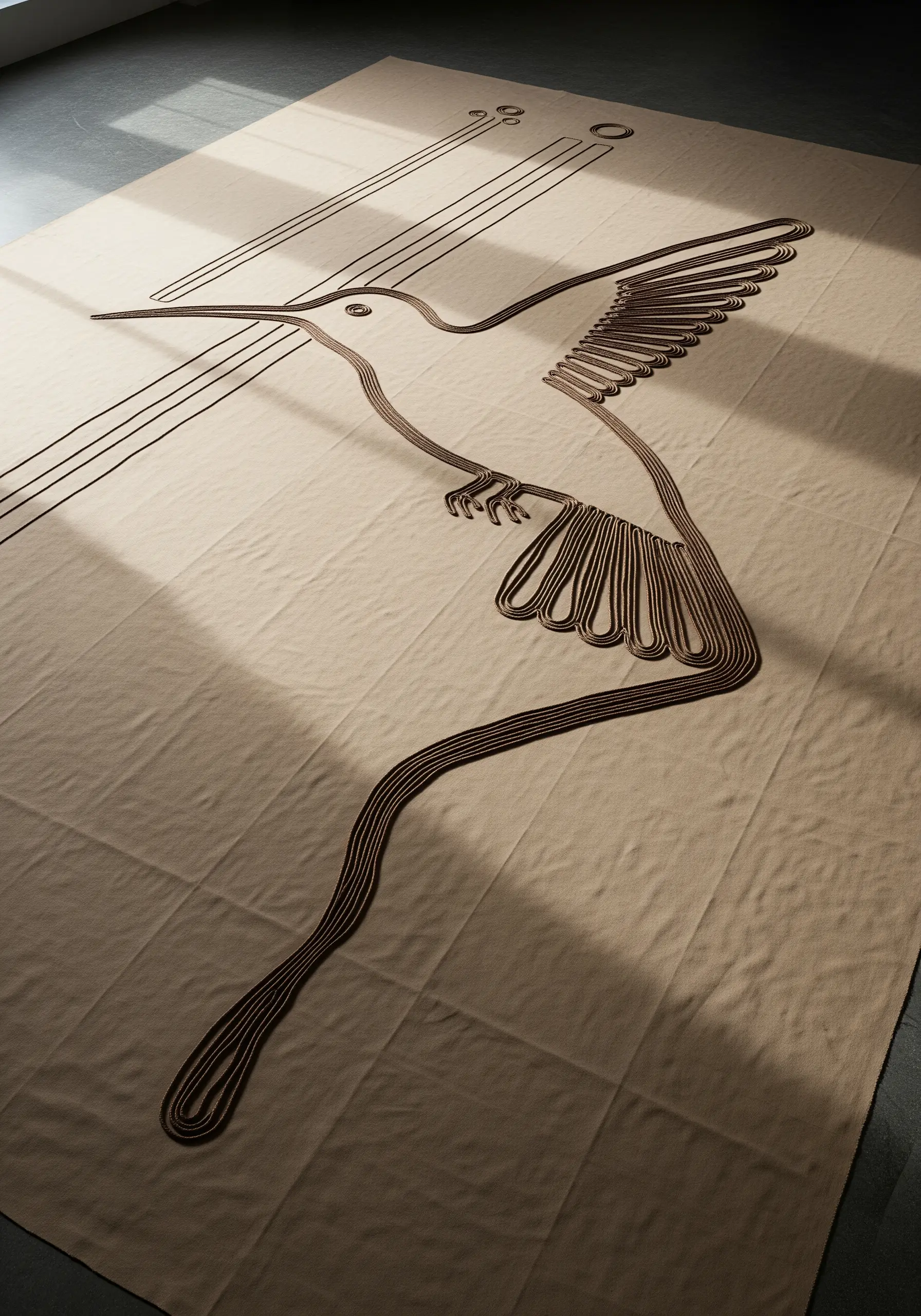 A large textile with the Nazca hummingbird design created with couched brown cord.