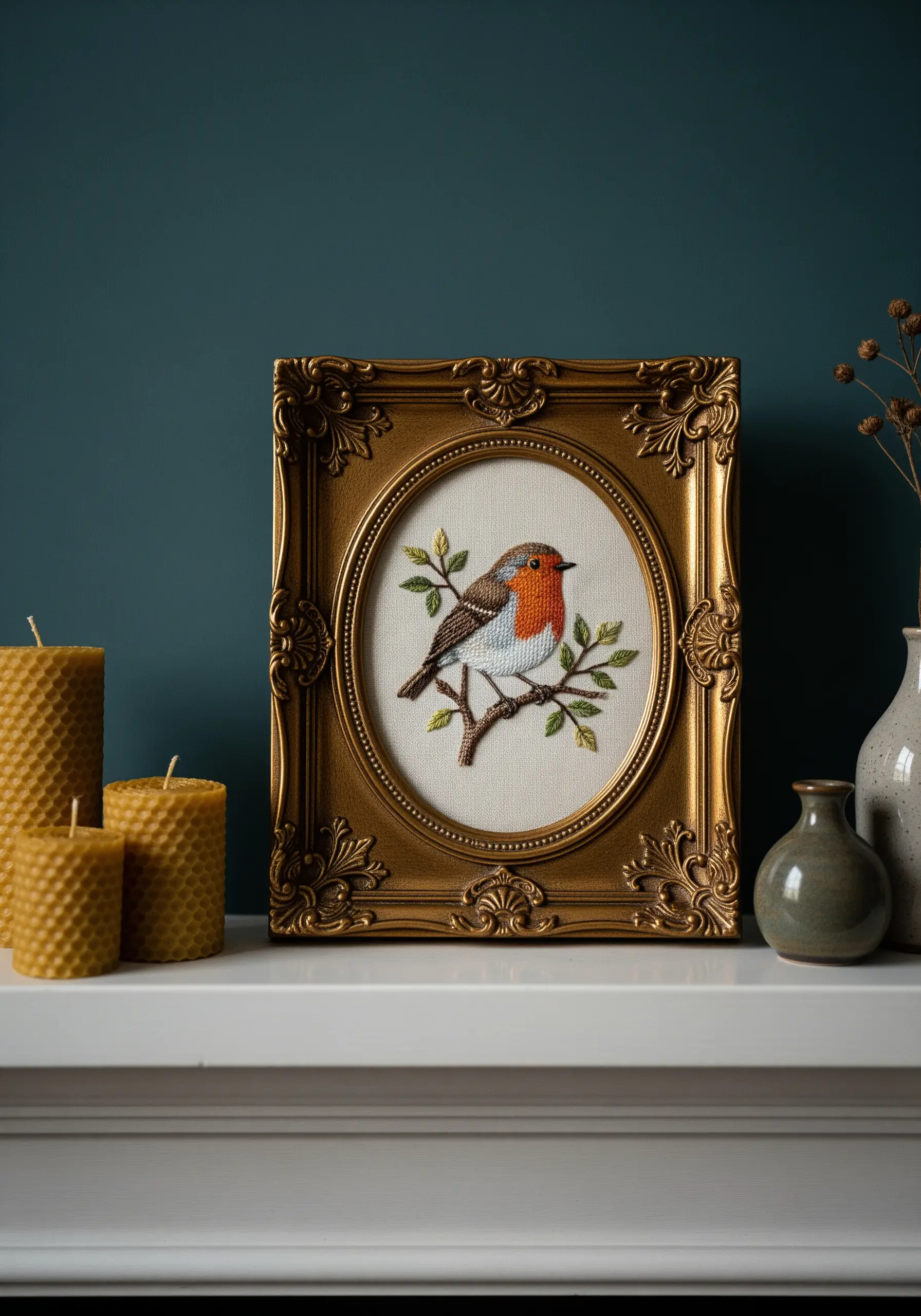 Realistic needle painted robin in a gold frame