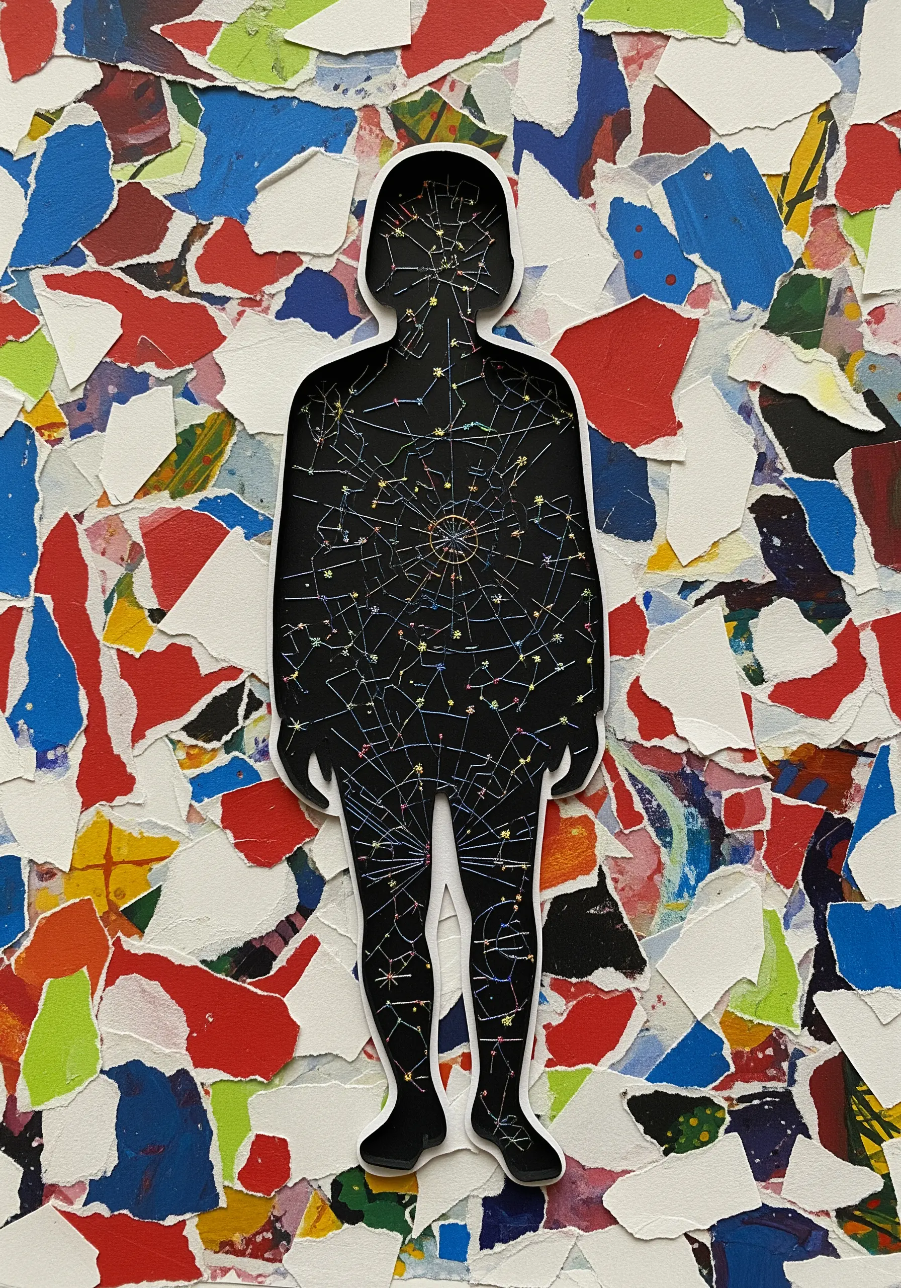 A silhouette cutout filled with a stitched constellation map, on a background of colorful torn paper.