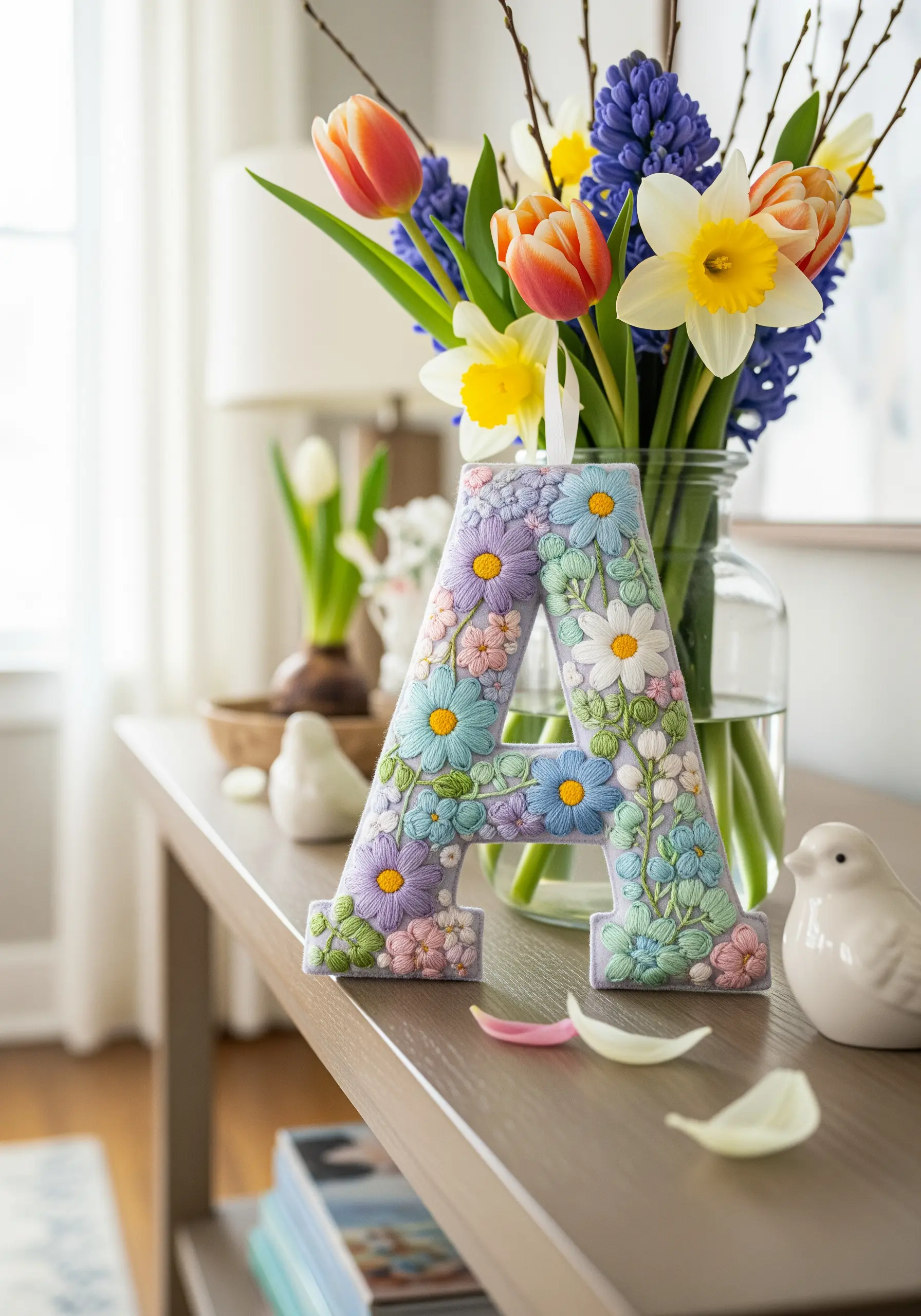 Letter A filled with pastel embroidered flowers