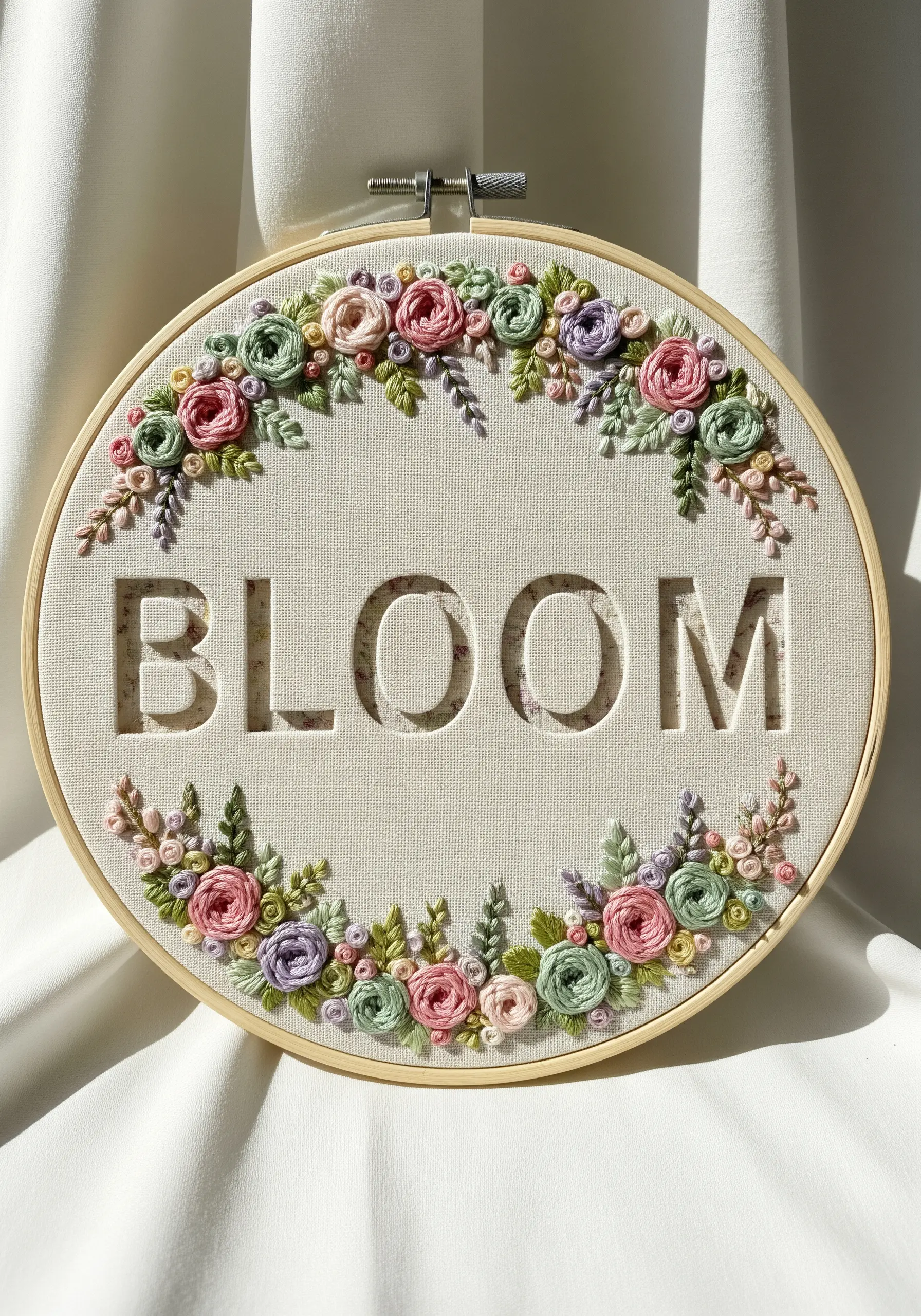 Negative space embroidery with floral wreath defining the word BLOOM