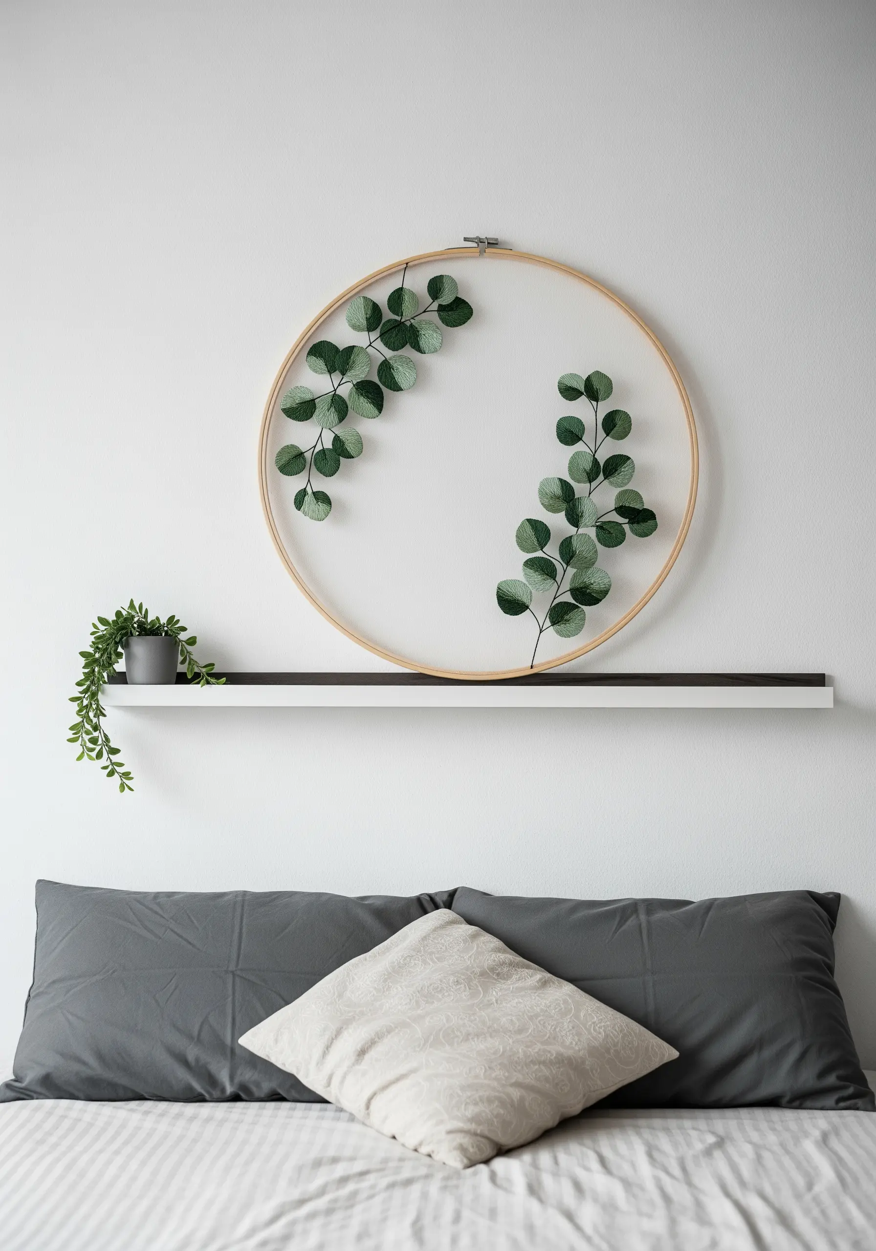 Large embroidery hoop with green eucalyptus leaves framing negative space in the center