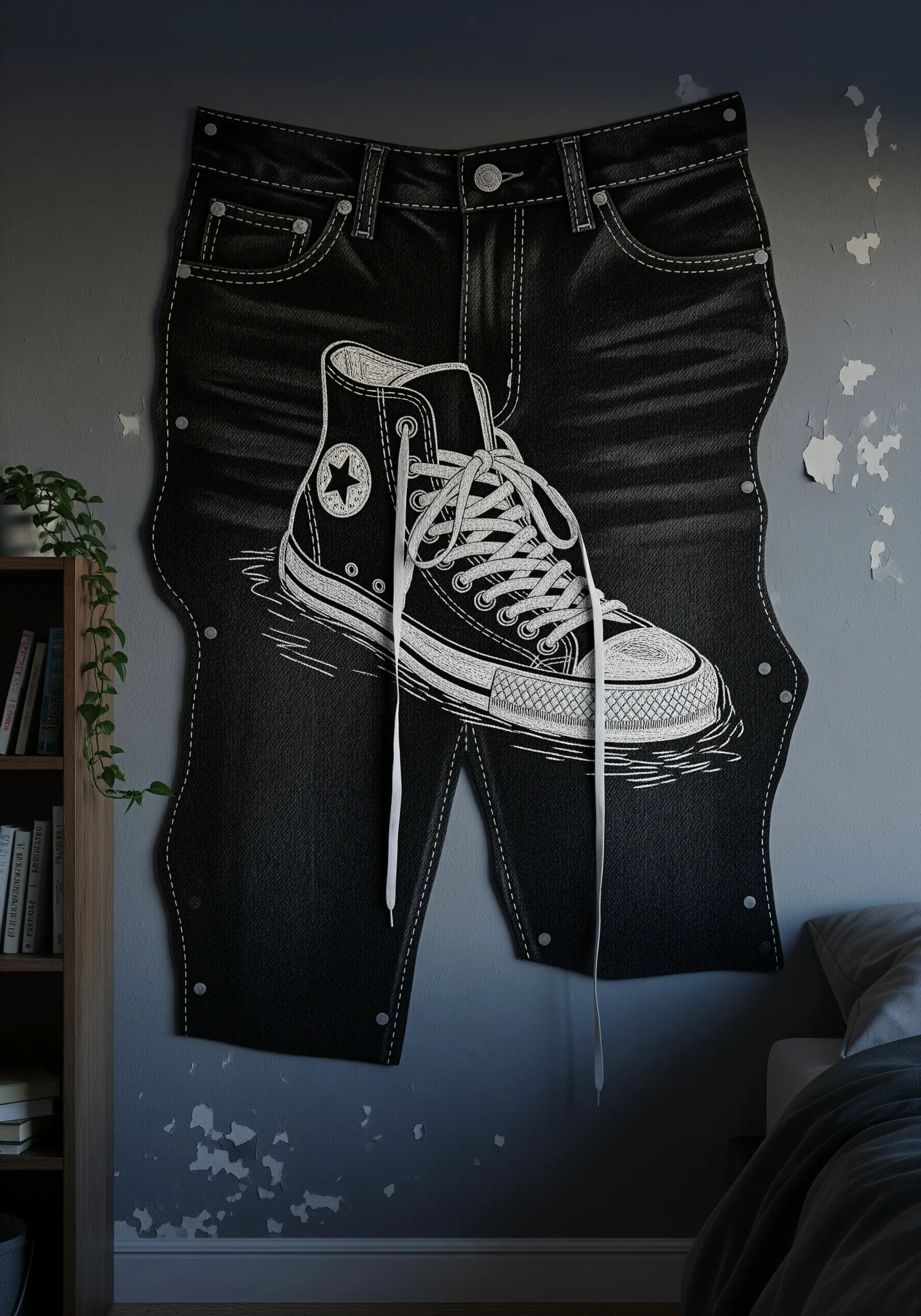 Giant black denim wall hanging in the shape of jeans with an embroidered sneaker