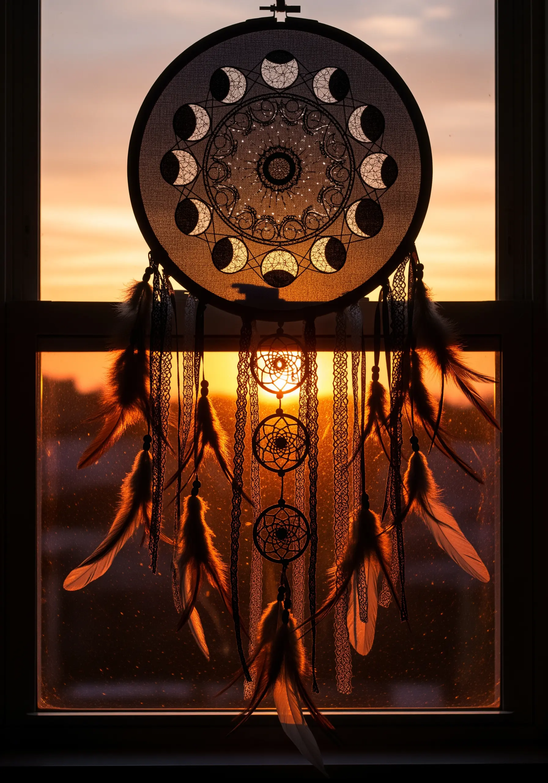 Embroidery hoop dreamcatcher with intricate black lace web against sunset