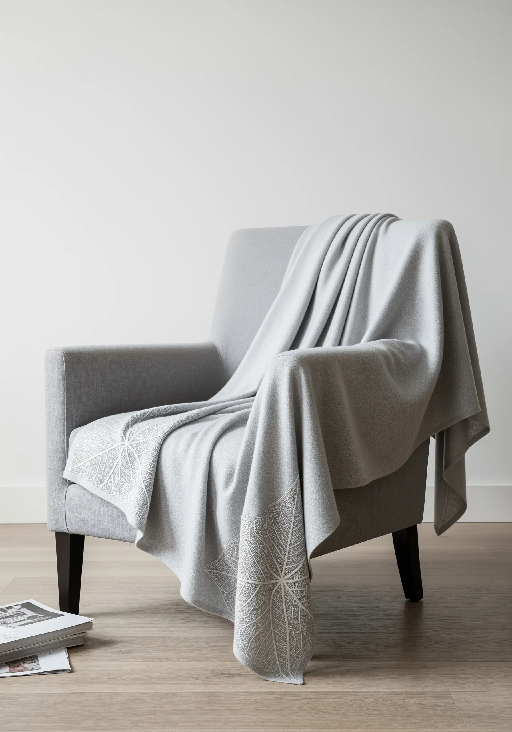 A gray blanket with a large leaf motif created by filling the background space with white stitches.