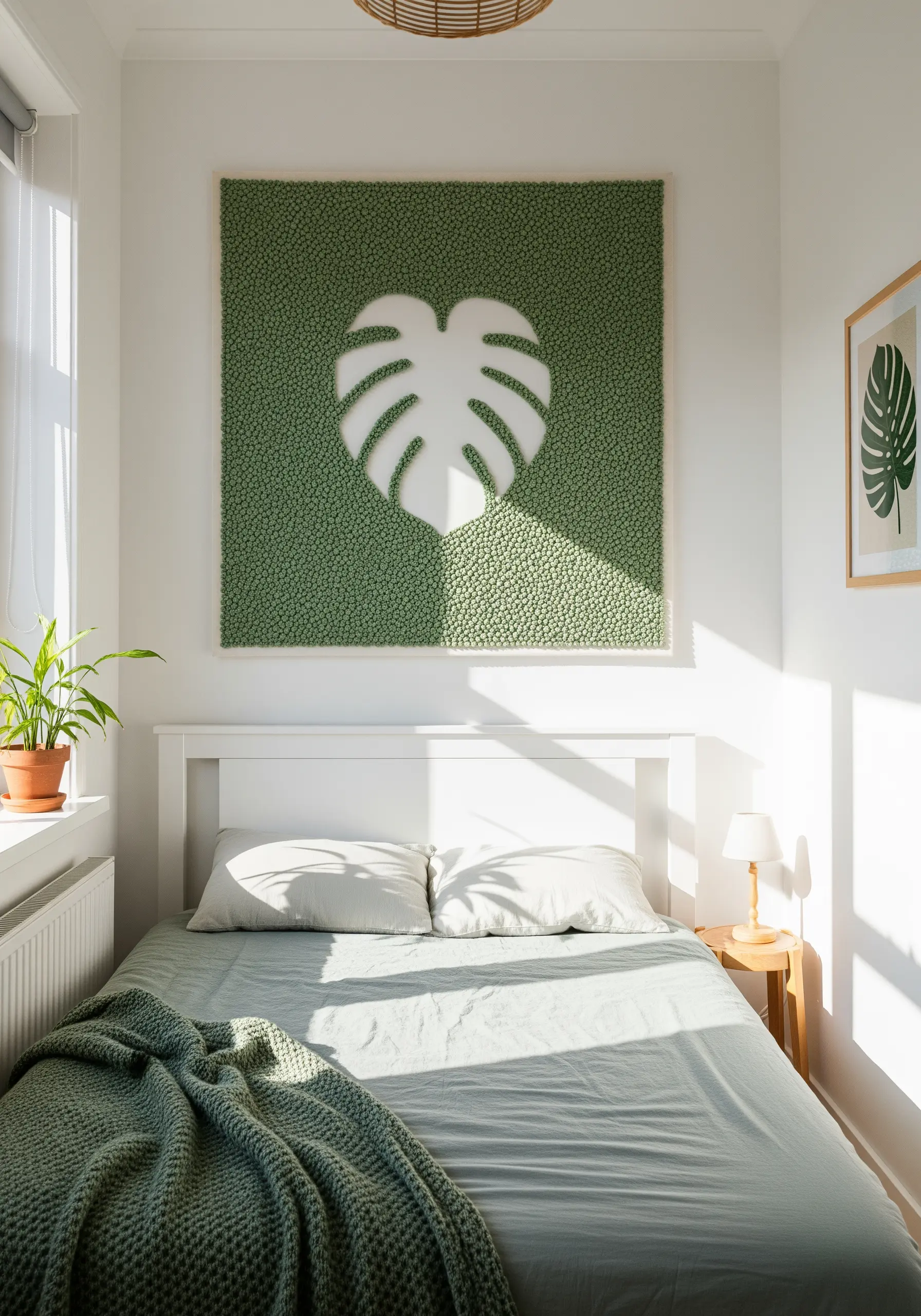 A large green textured panel with a monstera leaf shape created from negative space.