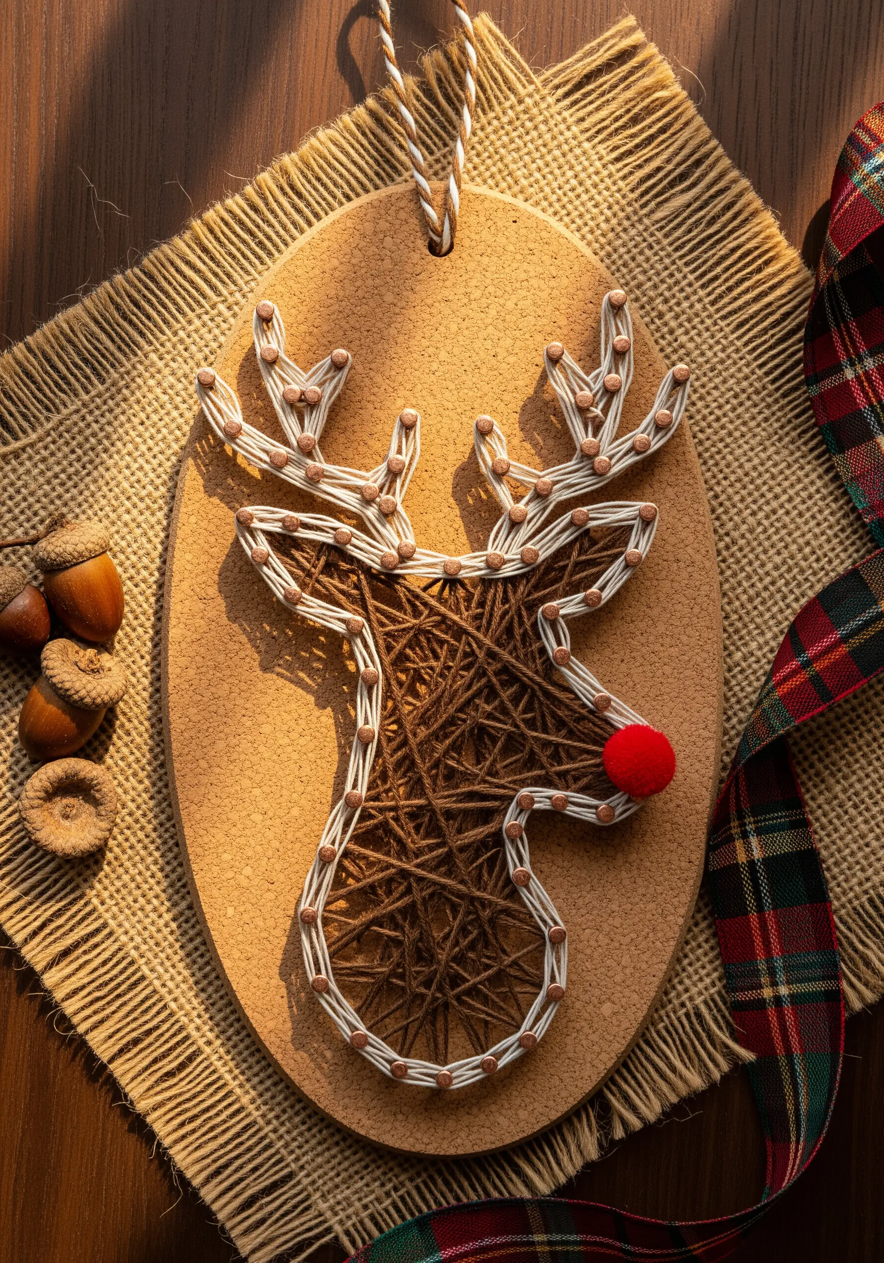String art reindeer with a white outline and brown fill on a cork base.