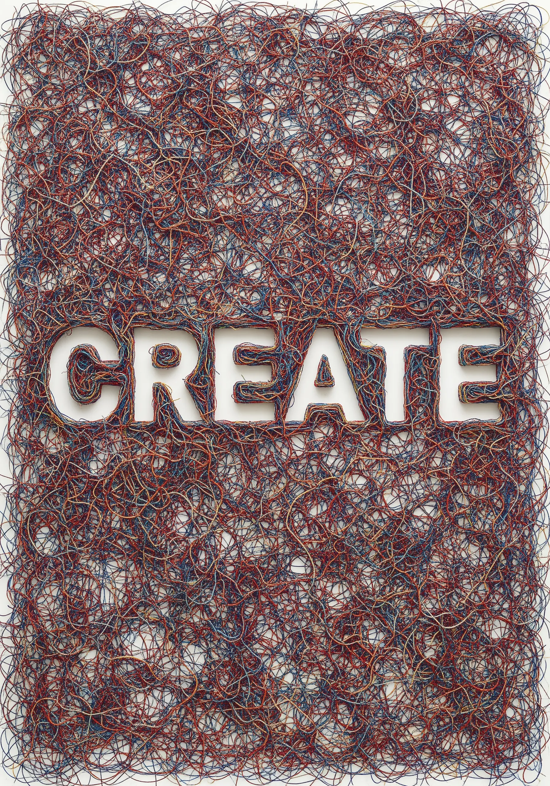 The word CREATE formed by negative space surrounded by messy multi-colored thread scraps
