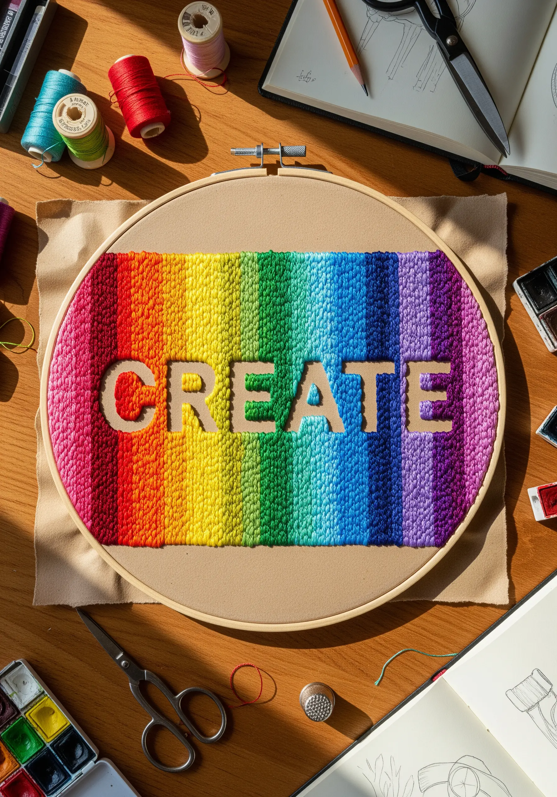Rainbow French knots surrounding the word CREATE in negative space