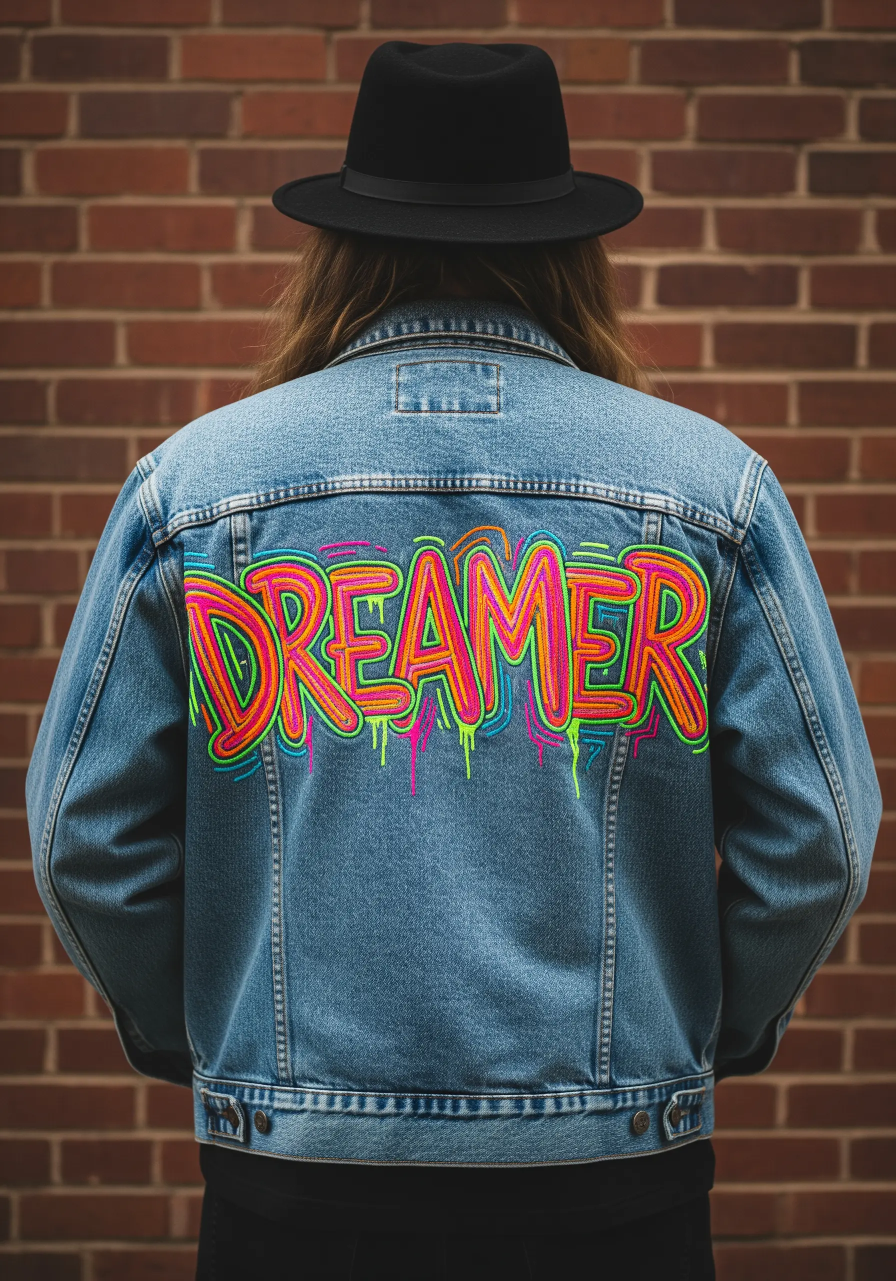 Neon graffiti-style text 'DREAMER' embroidered on the back of a denim jacket.