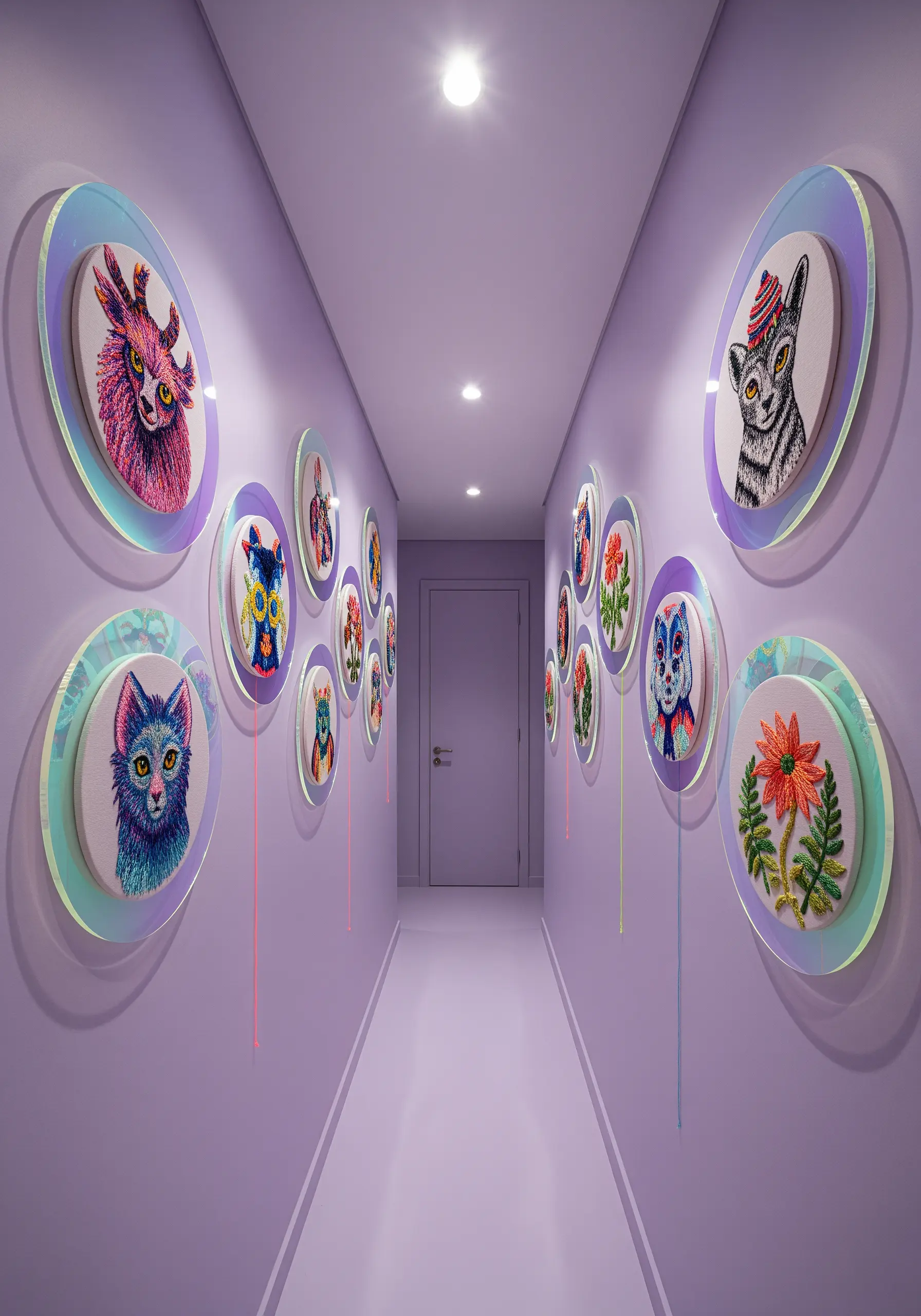 A whimsical collection of colorful animal embroideries backed with iridescent discs in a purple hallway.