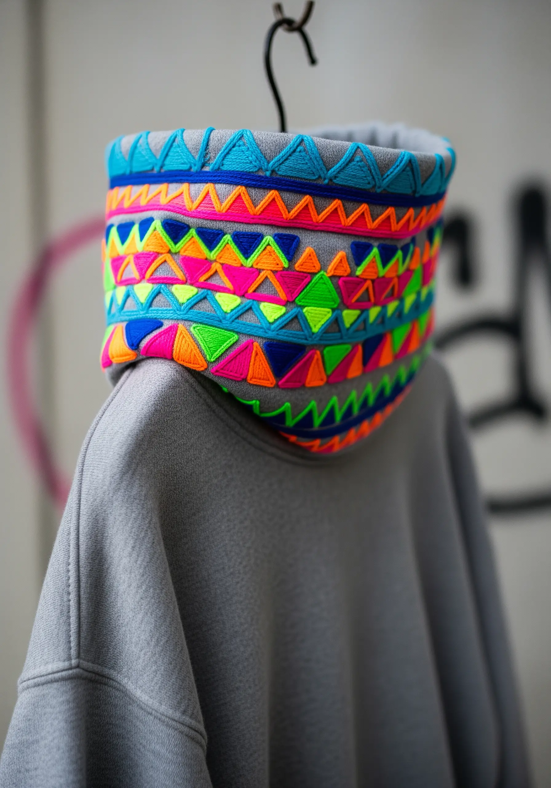 Grey hoodie hood embroidered with vibrant neon geometric bands
